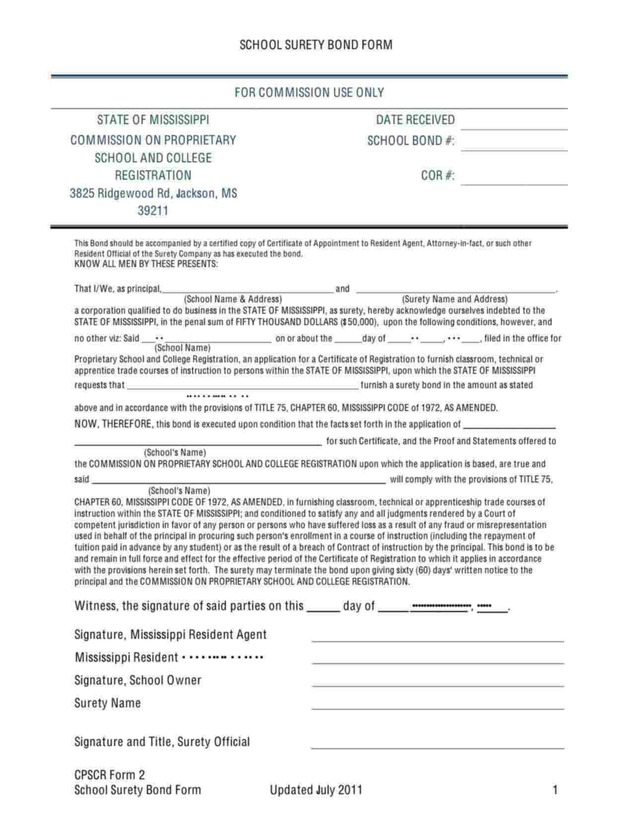 Mississippi Proprietary School & College Registration Bond Form