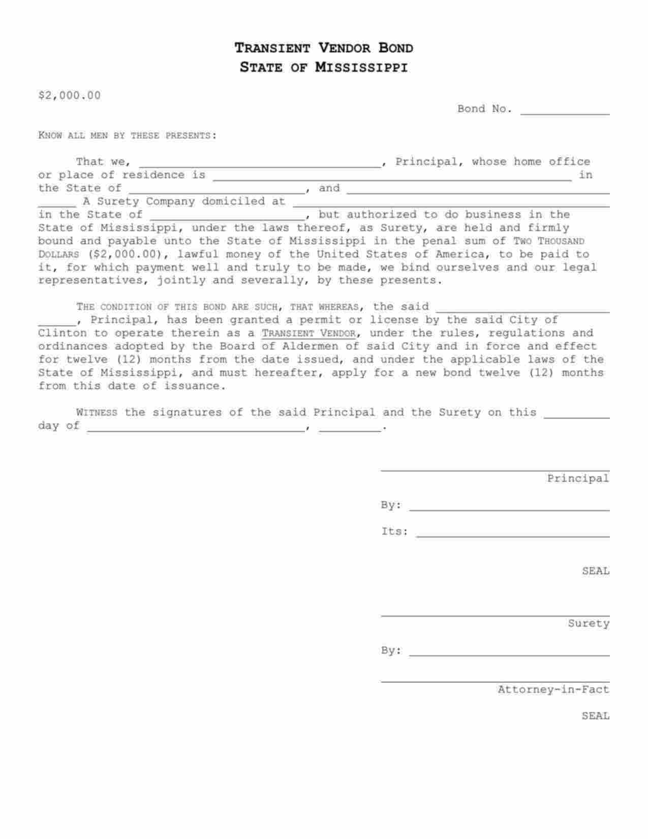 Mississippi Transient Vendor Bond Form