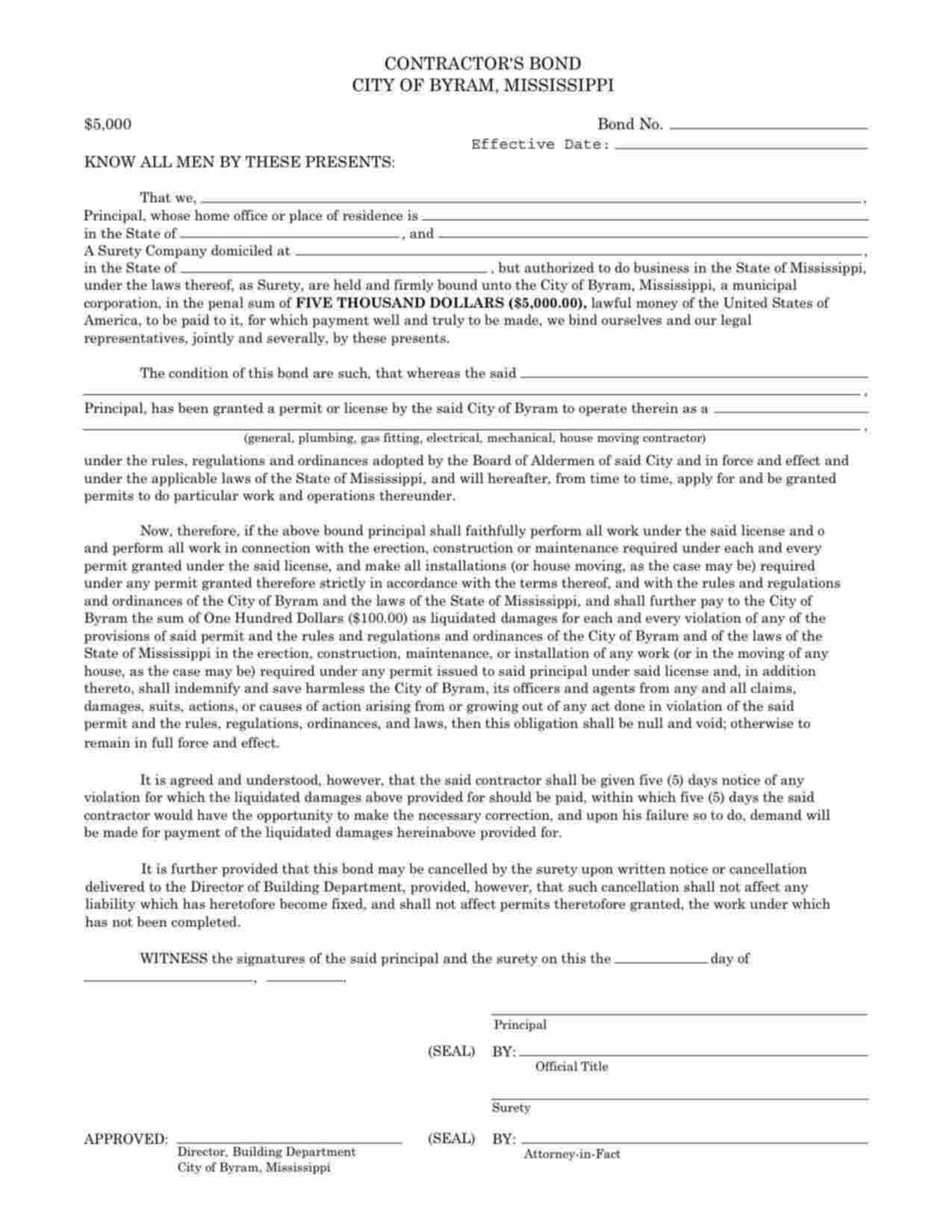 Mississippi House Moving Contractor Bond Form