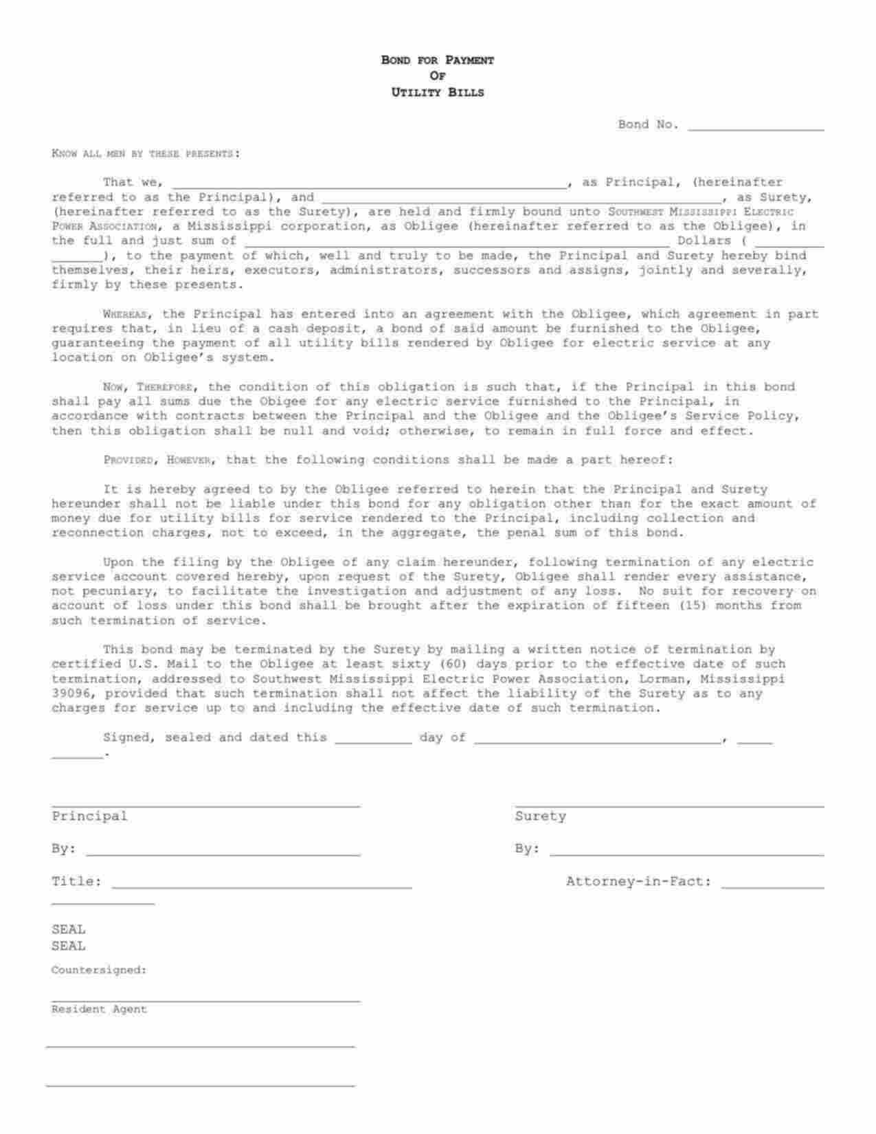 Mississippi Utility Deposit Bond Form