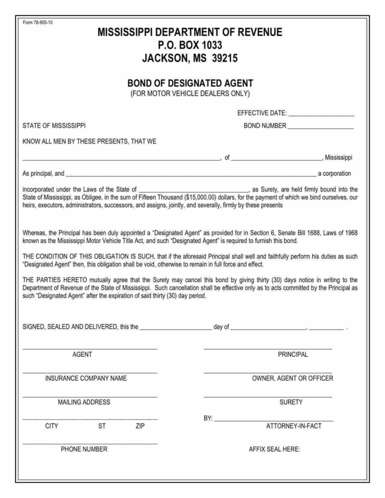 Mississippi Designated Agent Bond Form