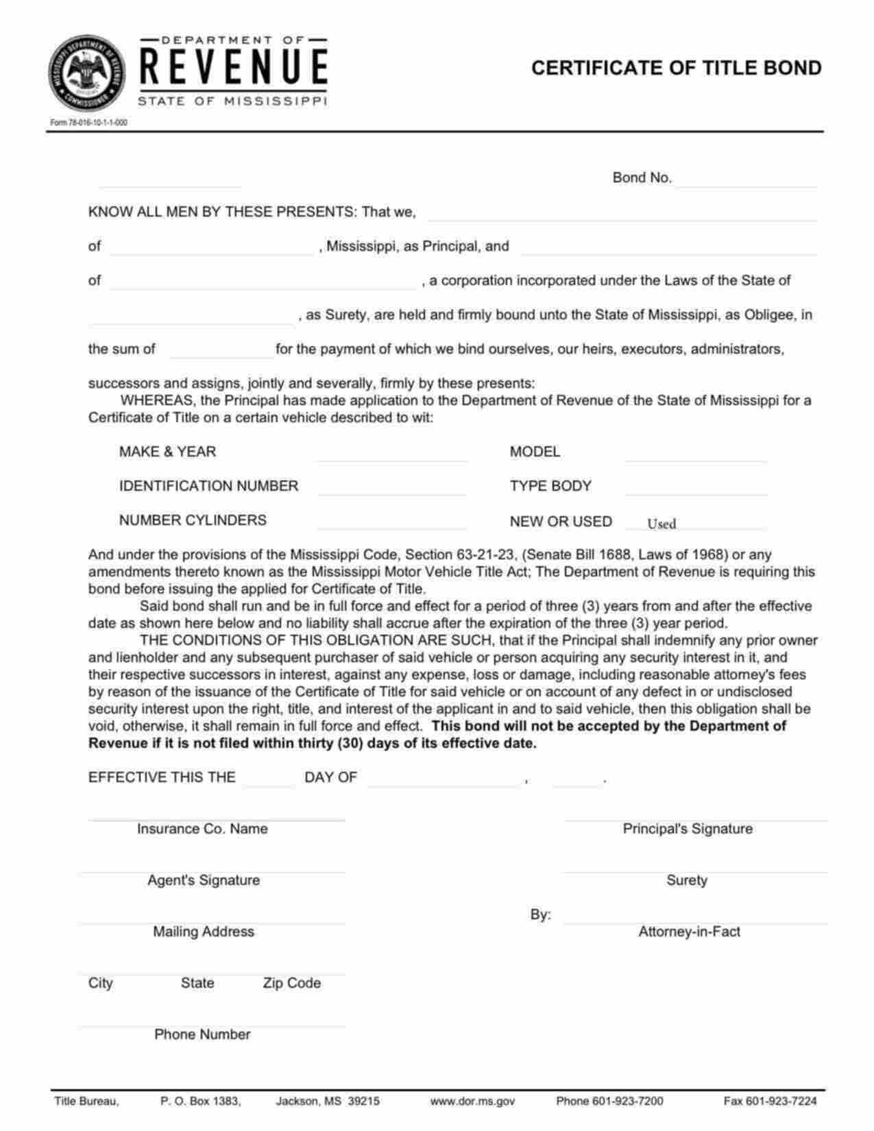 Mississippi Certificate of Title (Used Car) Bond Form