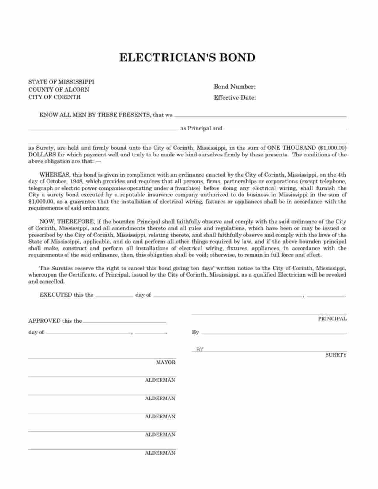 Mississippi Electrician Bond Form