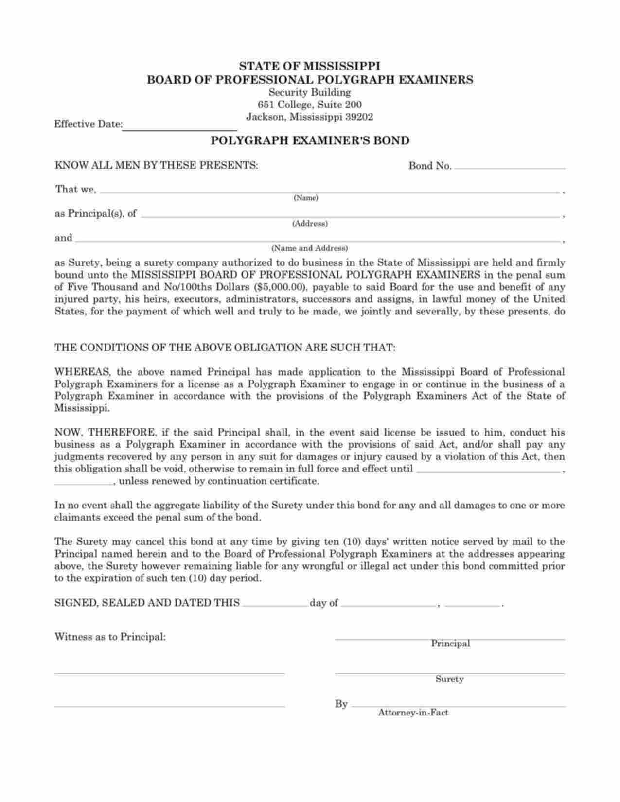 Mississippi Polygraph Examiner Bond Form