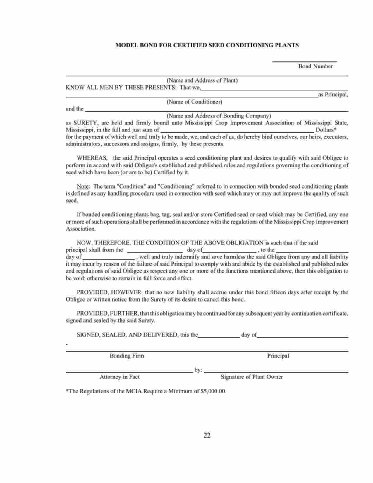 Mississippi Certified Seed Conditioning Plant Bond Form