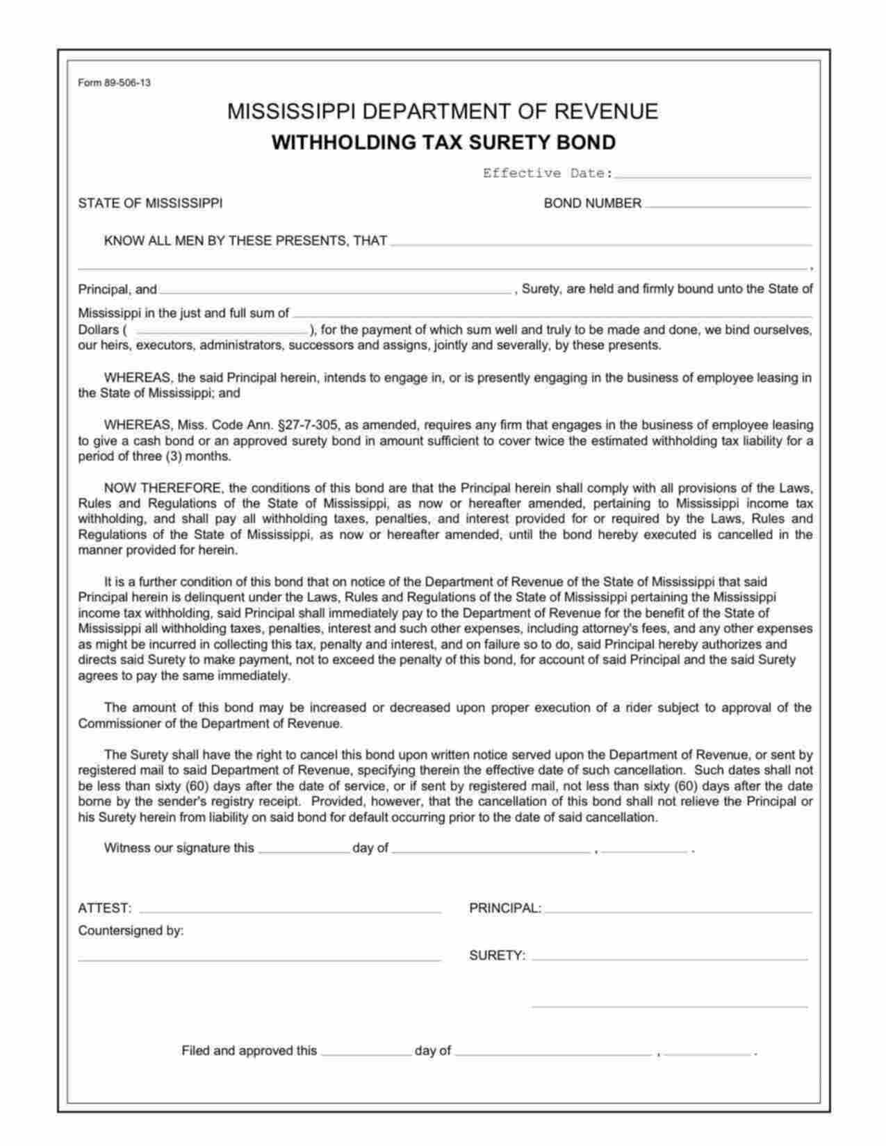Mississippi Withholding Tax: Employee Leasing Bond Form
