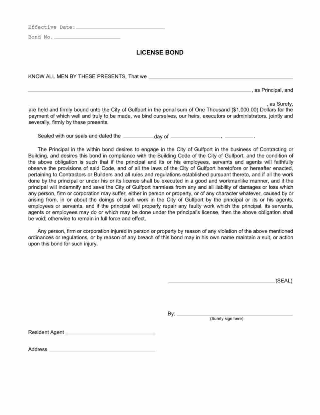 Mississippi Contracting or Building License Bond Form