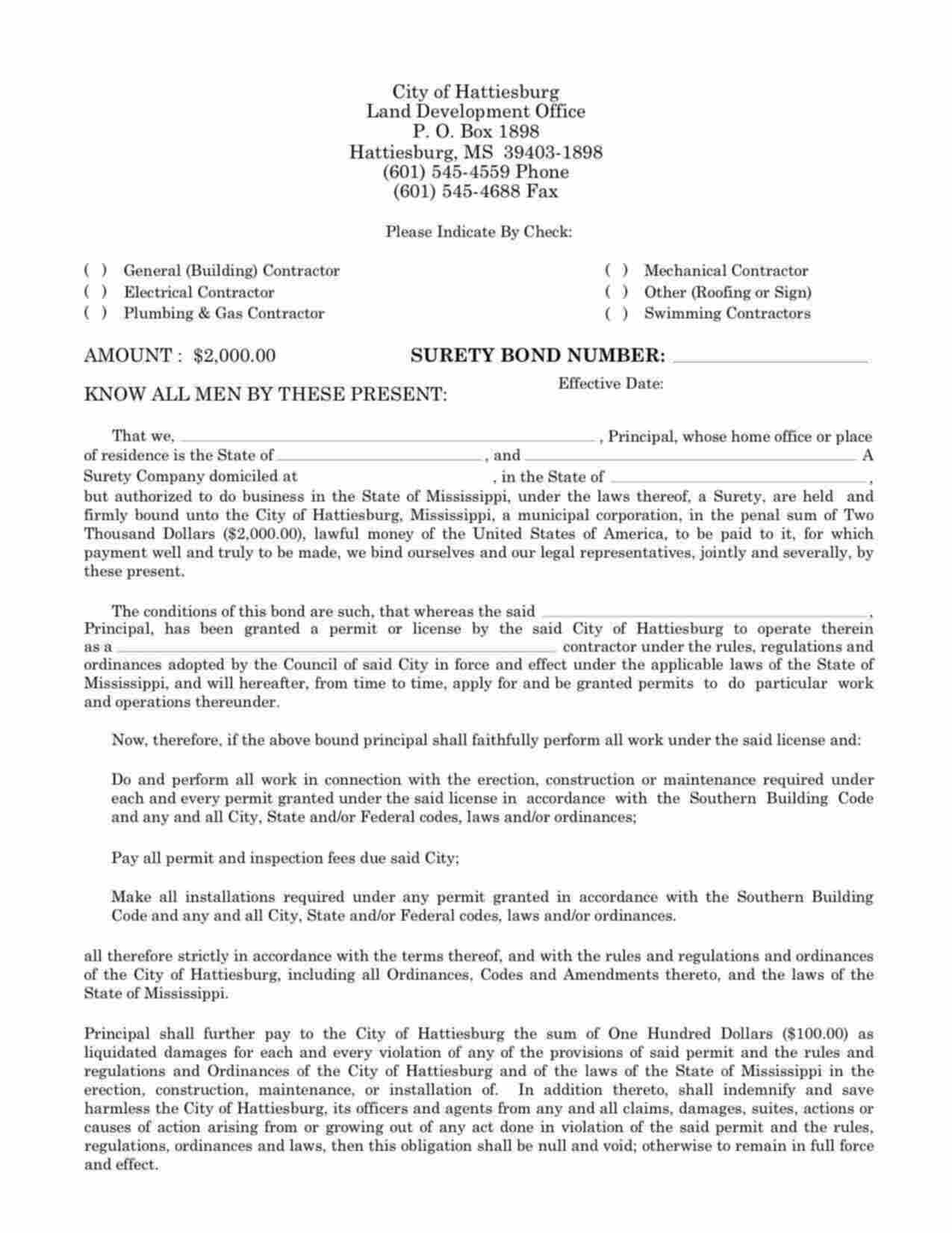 Mississippi Swimming Contractor Bond Form