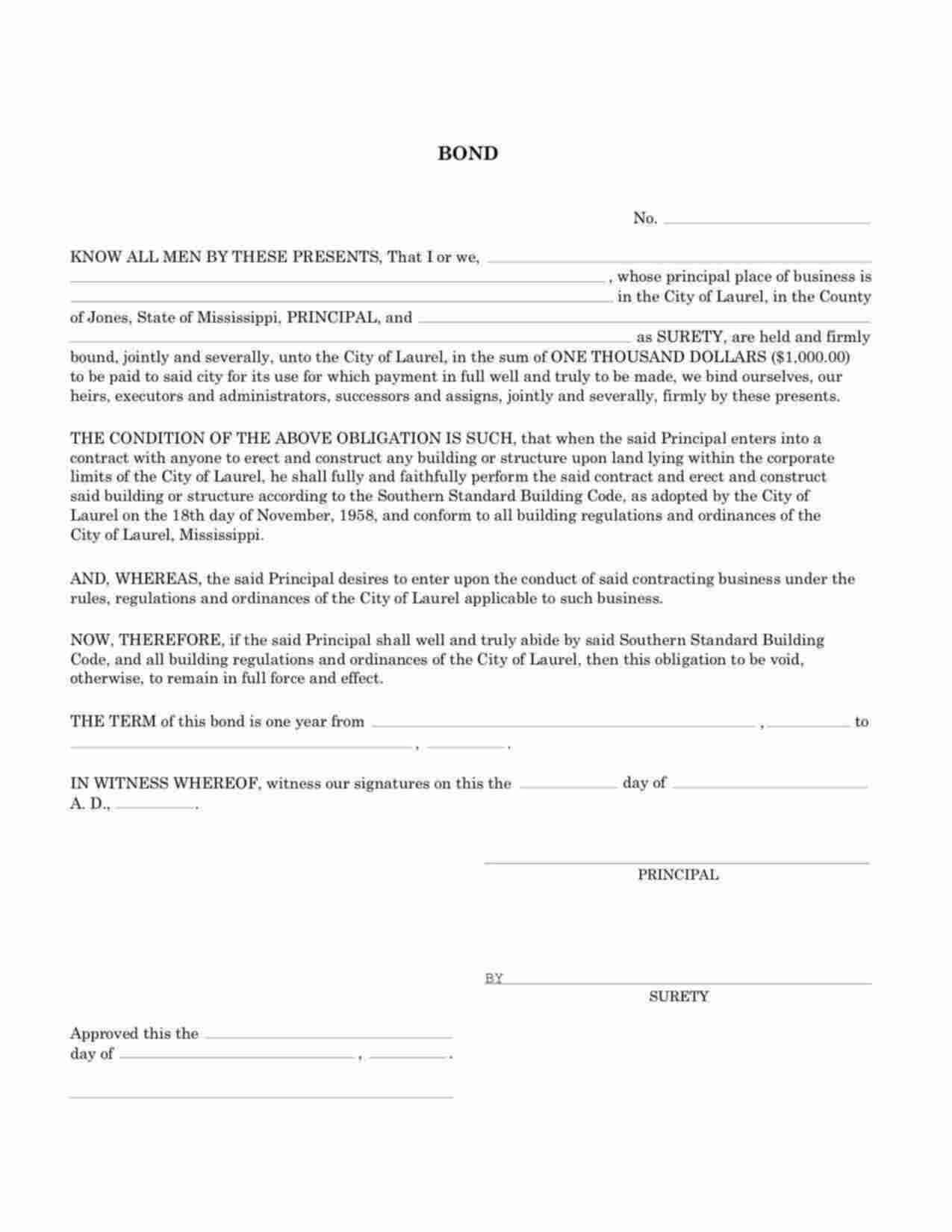 Mississippi Contractor's License/Permit Bond Form