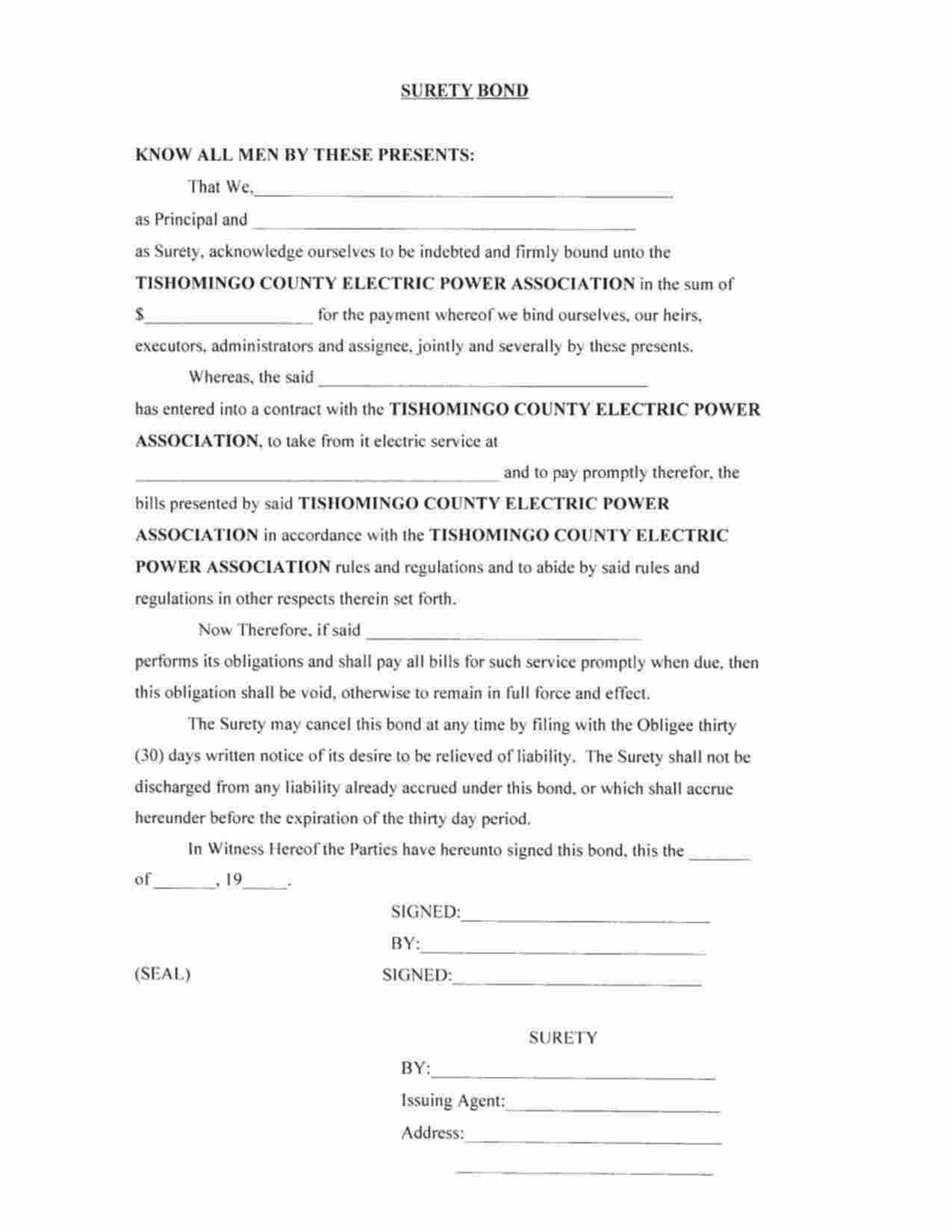 Mississippi Utility Deposit Bond Form