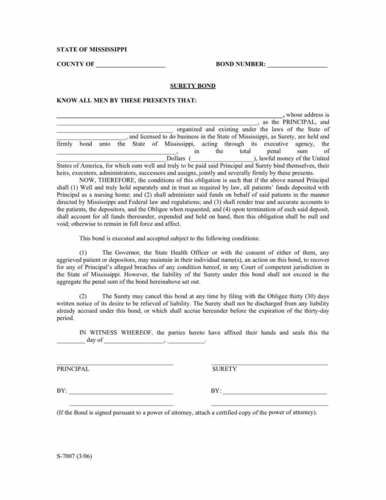 Mississippi Nursing Home - Patient Trust Fund Bond Form