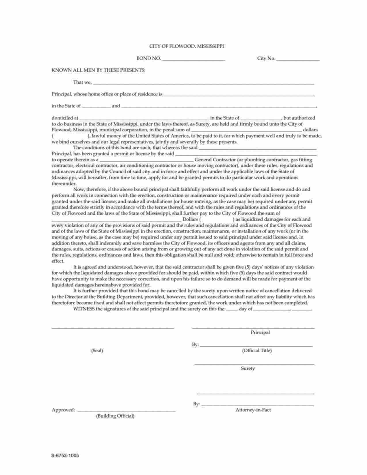 Mississippi Plumbing Contractor Bond Form