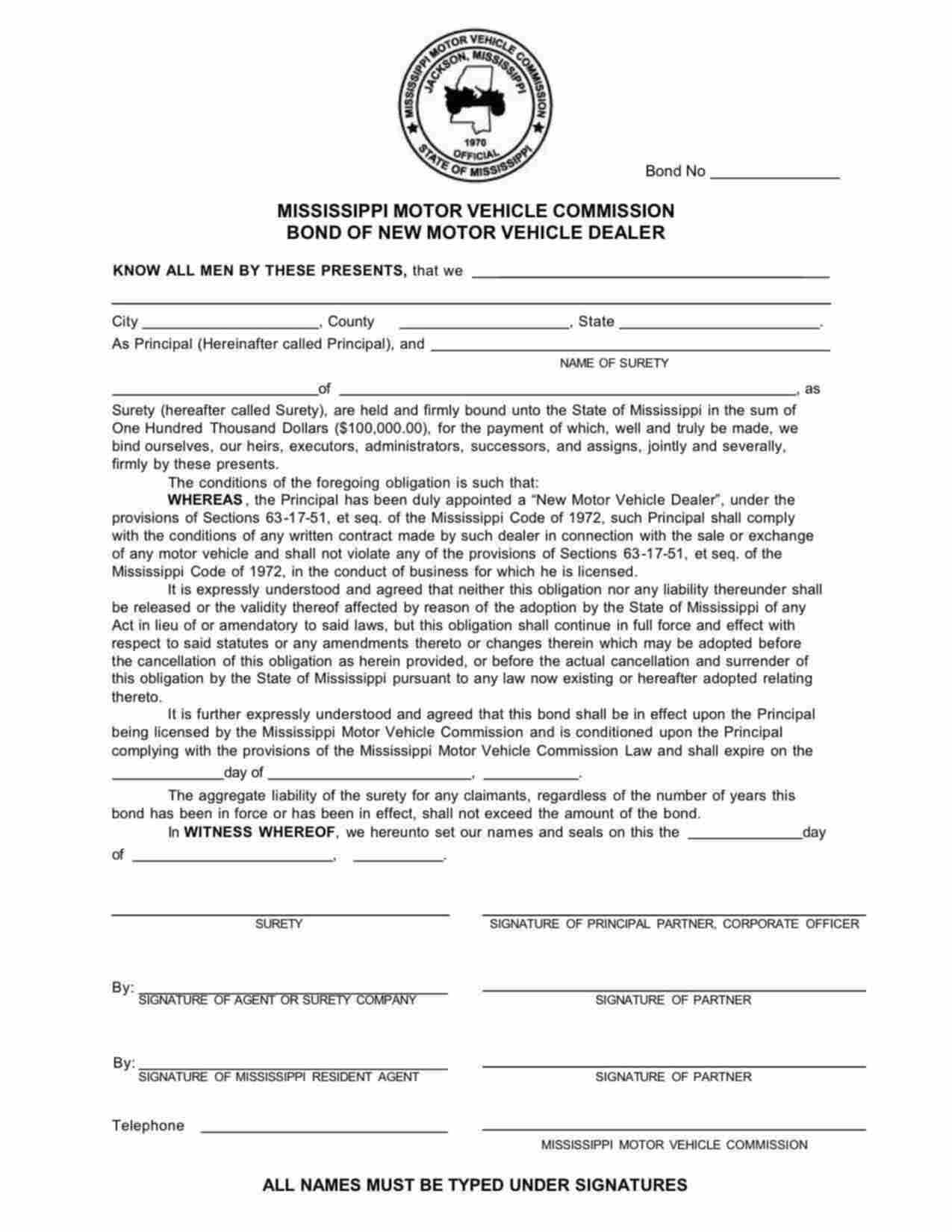 Mississippi New Motor Vehicle Dealer (Franchise) Bond Form