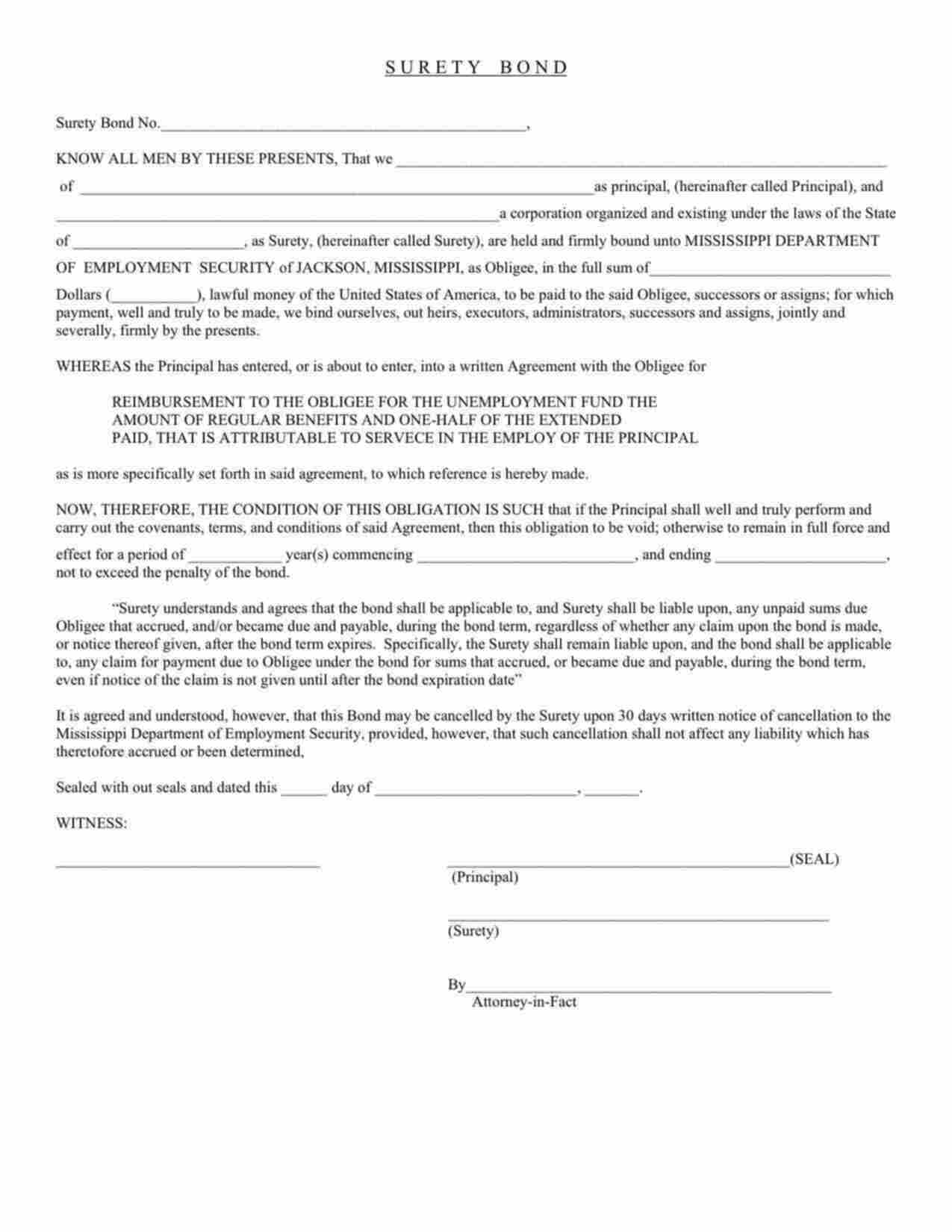 Mississippi Reimbursing Employer (Unemployment Tax) Bond Form