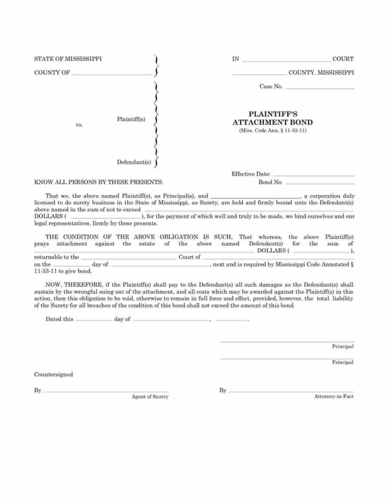 Mississippi Plaintiffs Attachment Bond Form