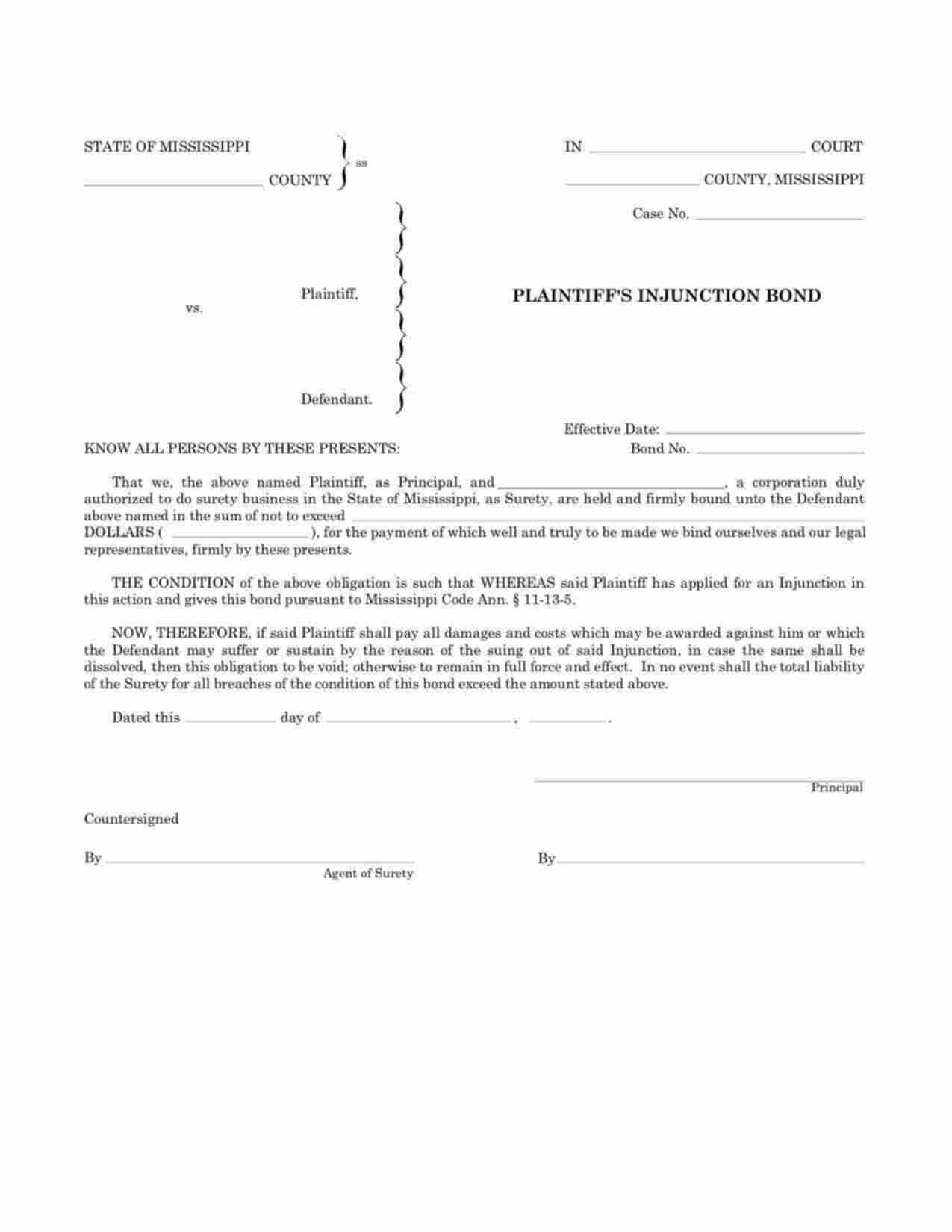Mississippi Plaintiffs Injunction Bond Form