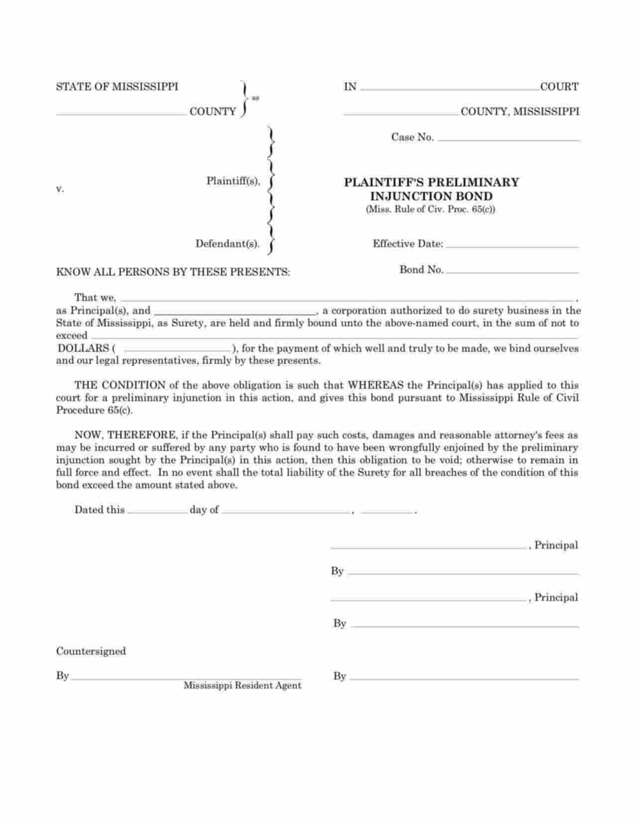 Mississippi Plaintiffs Preliminary Injunction Bond Form