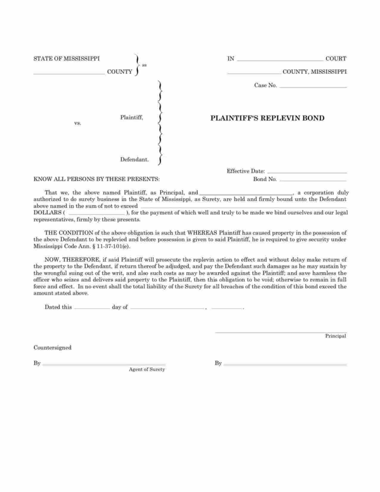 Mississippi Plaintiffs Replevin Bond Form
