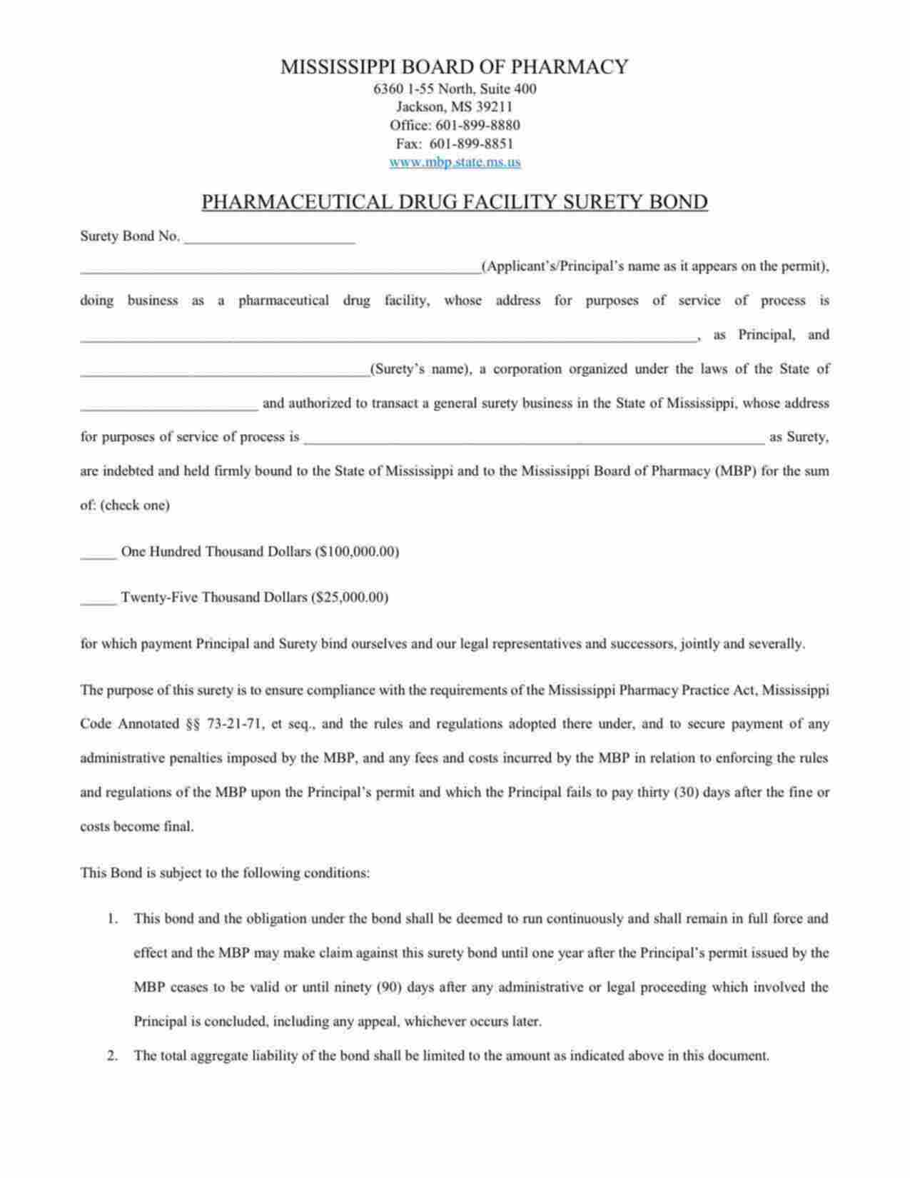 Mississippi Pharmaceutical Drug Facility Bond Form