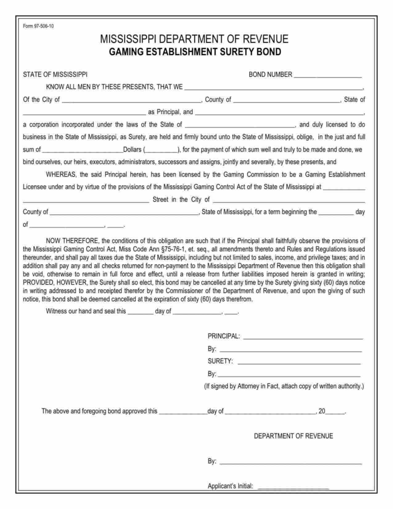 Mississippi Gaming Establishment Bond Form