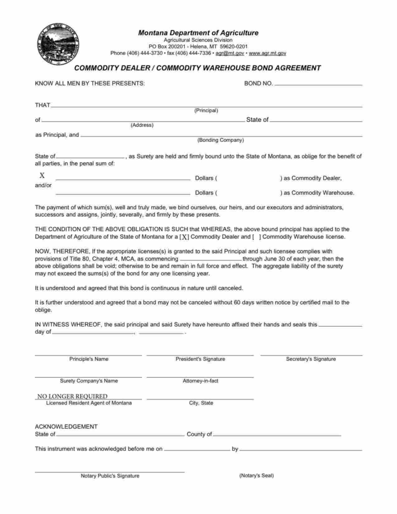 Montana Commodity Dealer Bond Form