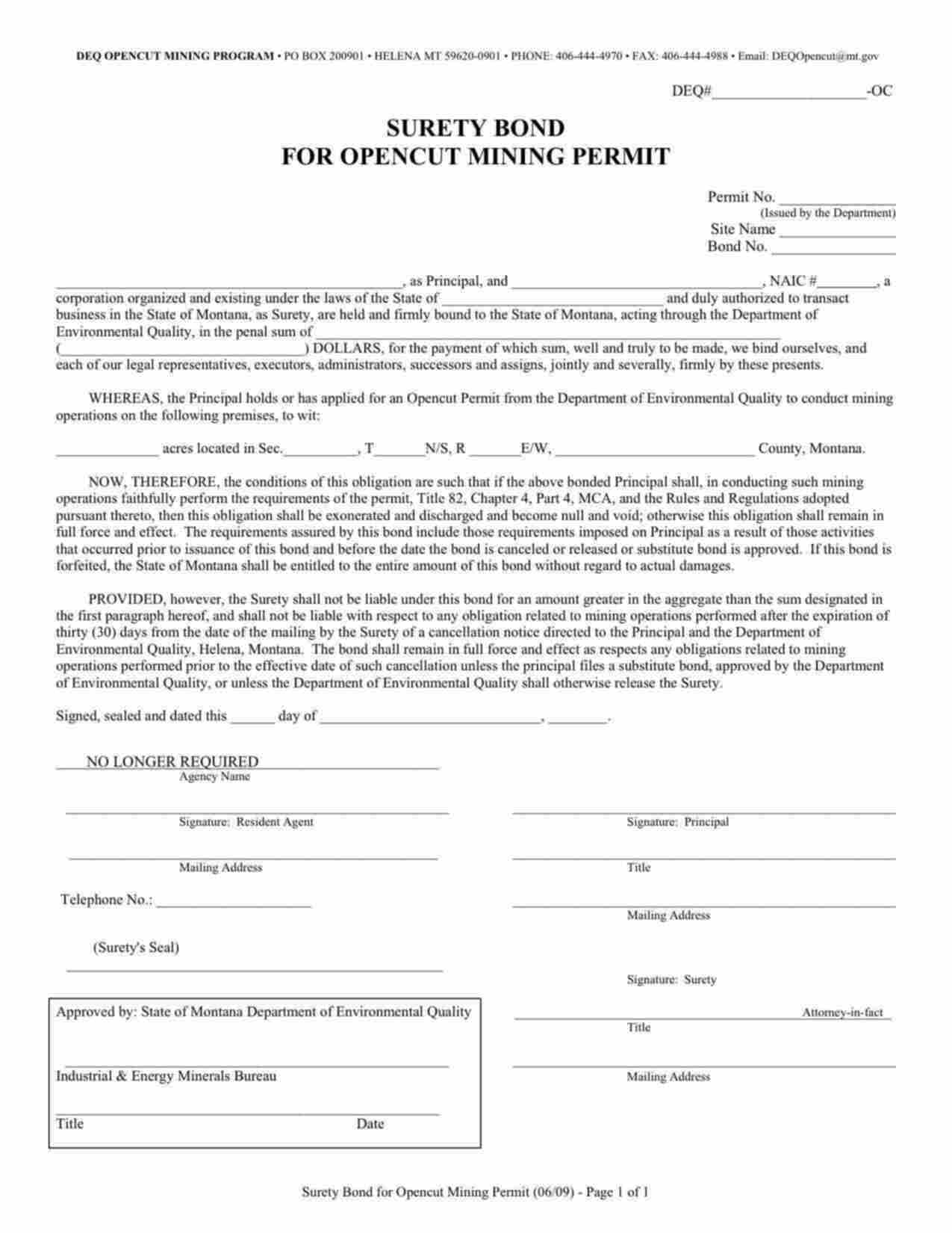 Montana Opencut Mining Permit Bond Form