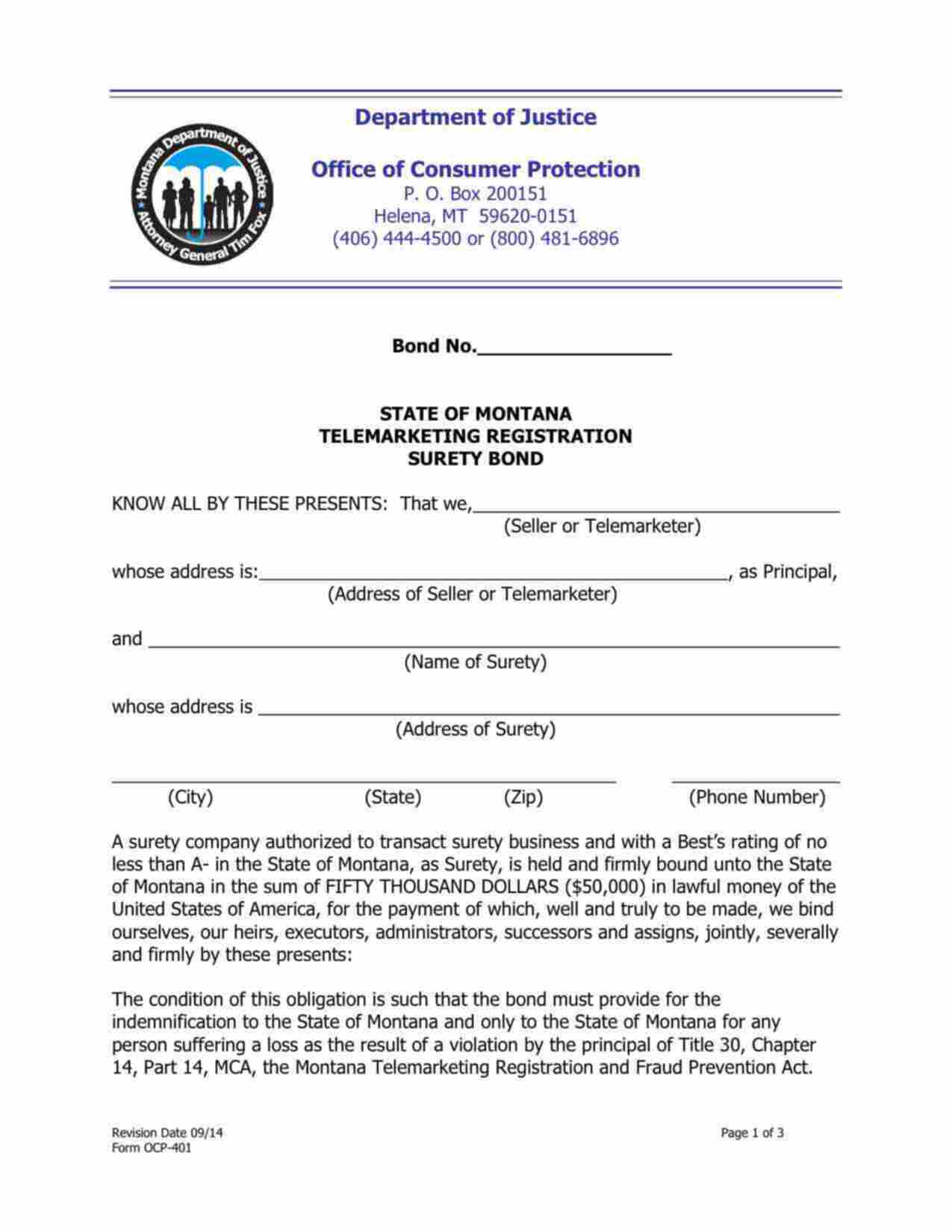 Montana Telemarketing Registration Bond Form