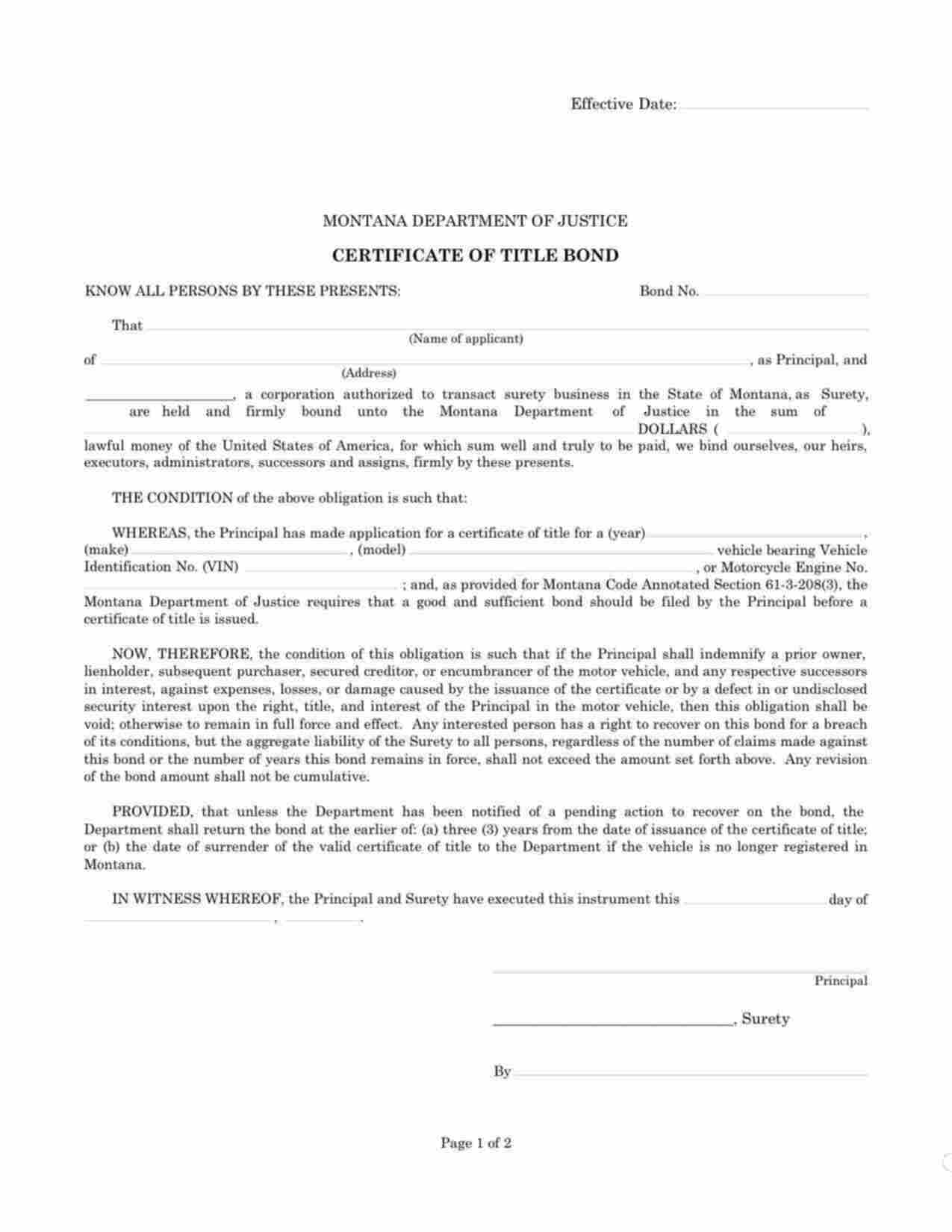 Montana Certificate of Title Bond Form