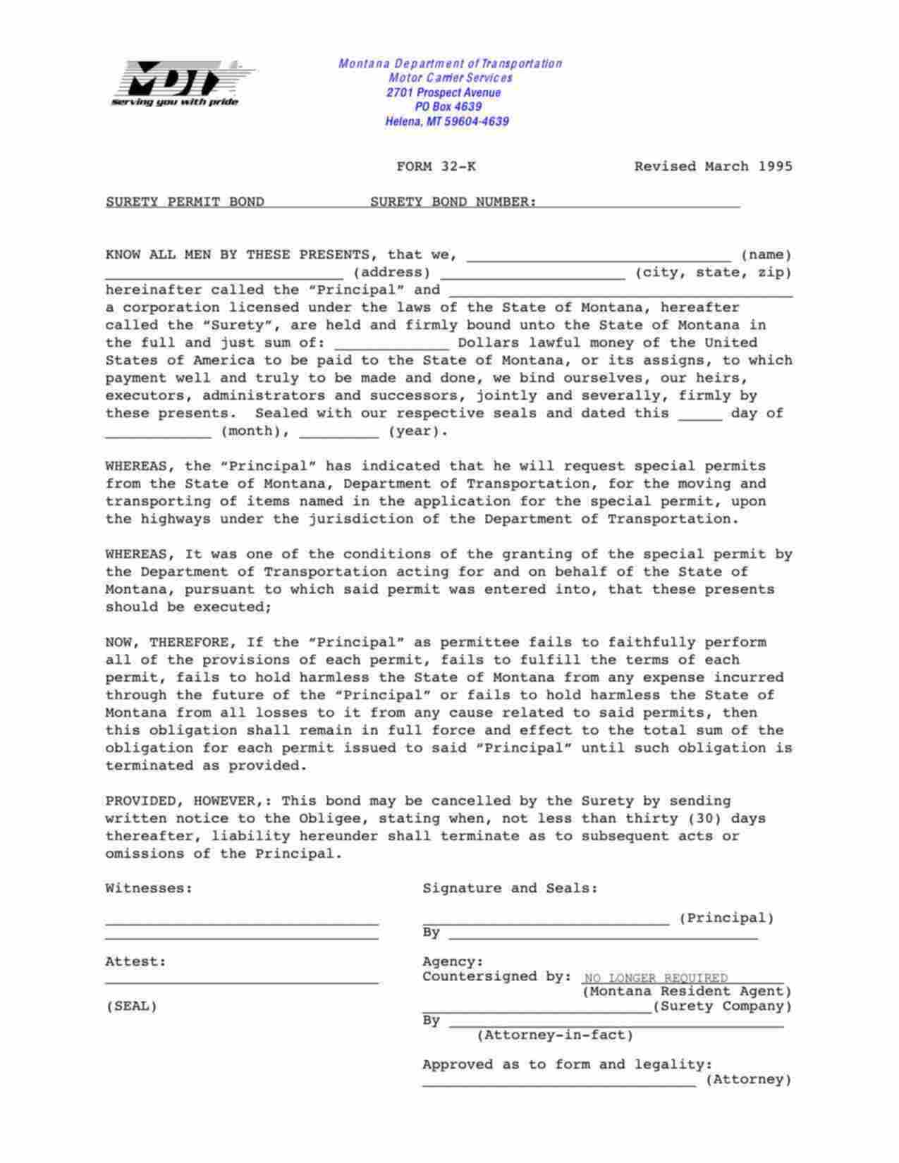 Montana Excess Weight - Highway Permit (Form 32-K) Bond Form