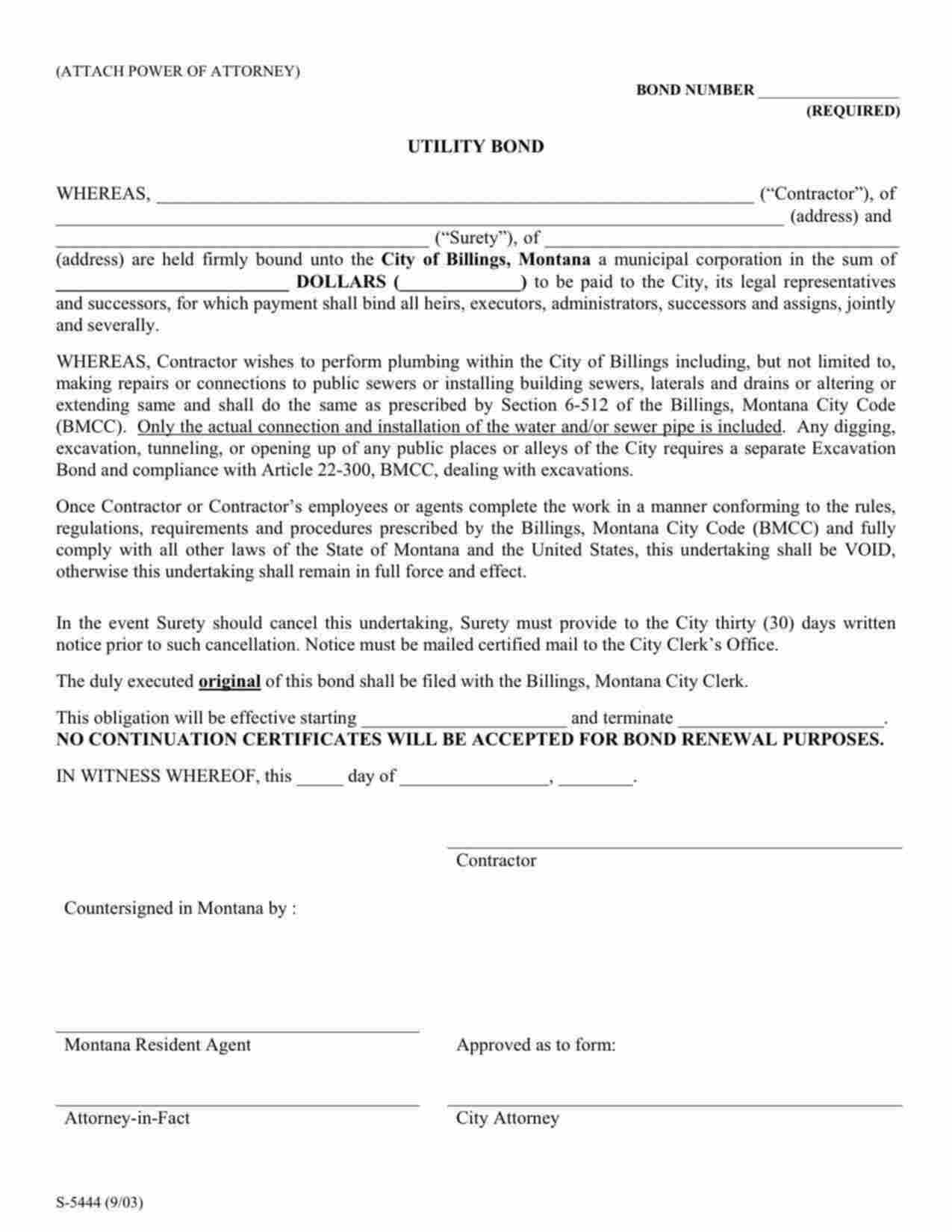 Montana Water or Sewage System Installers Utility Bond Form