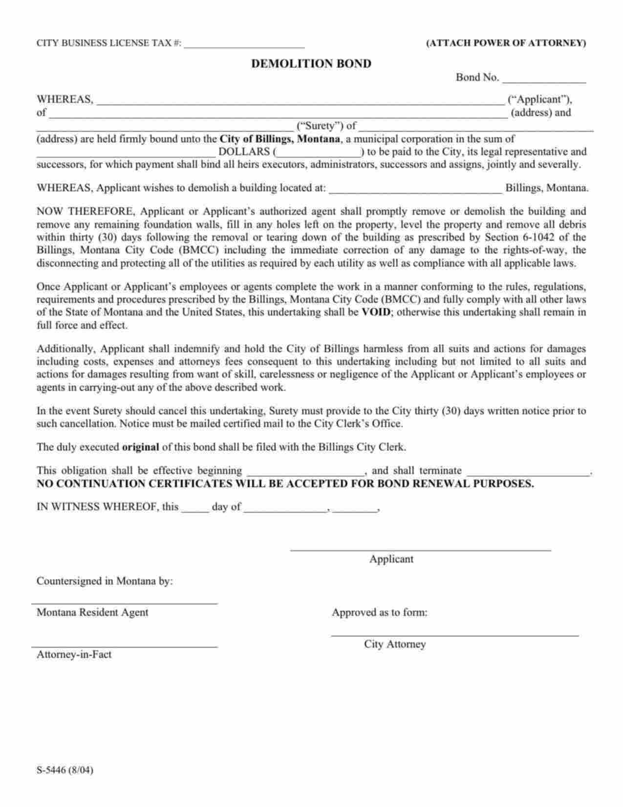 Montana Demolition Bond Form