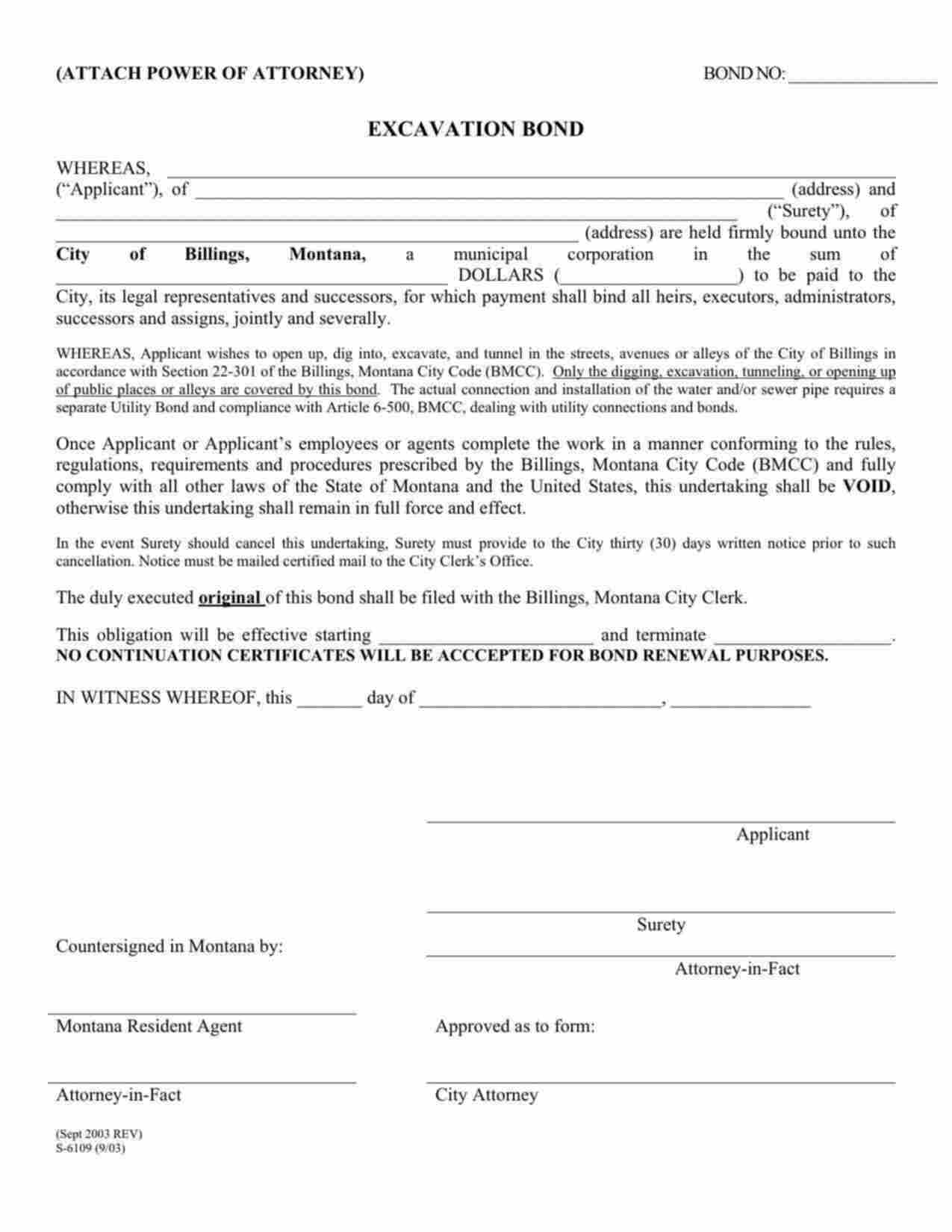 Montana Excavation Bond Form