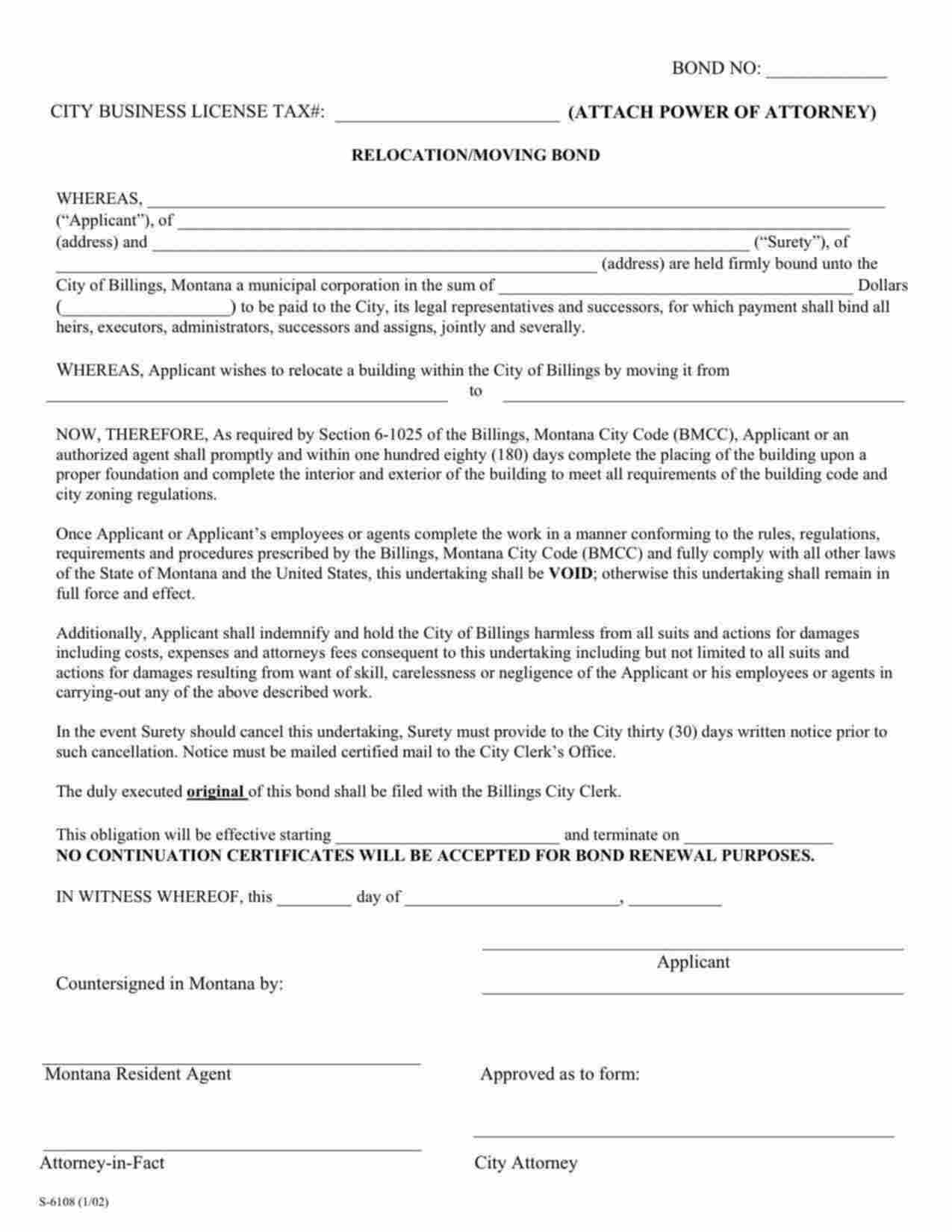 Montana Relocation/Moving Bond Form