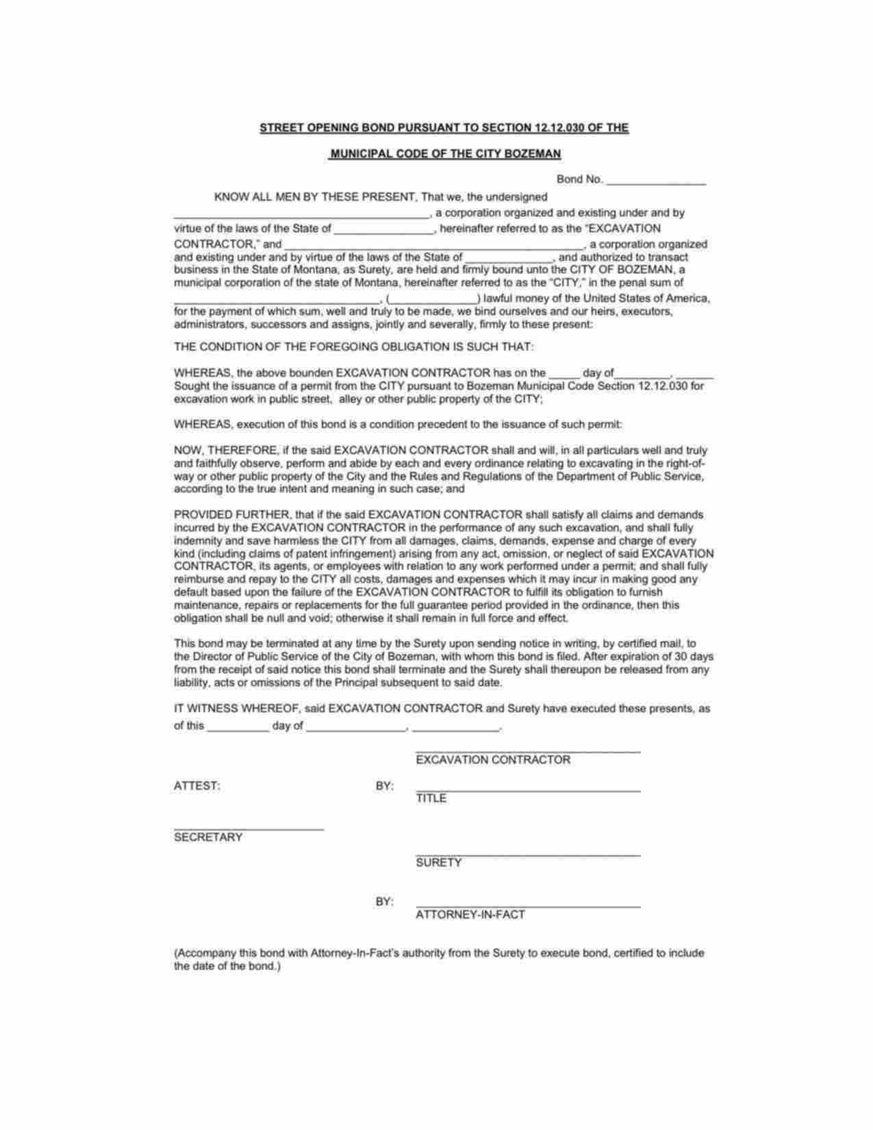 Montana Street Opening Bond Form