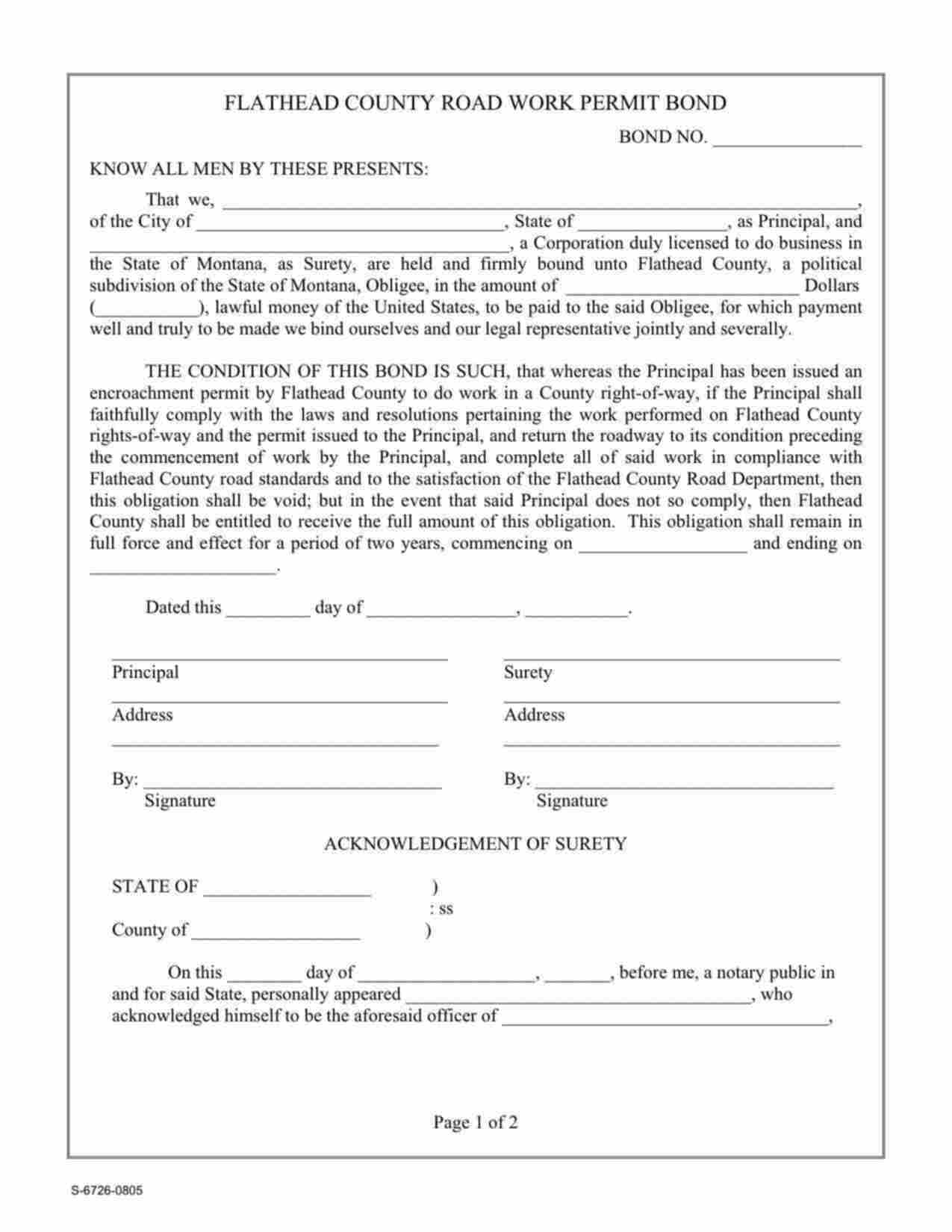 Montana Road Work Permit Bond Form