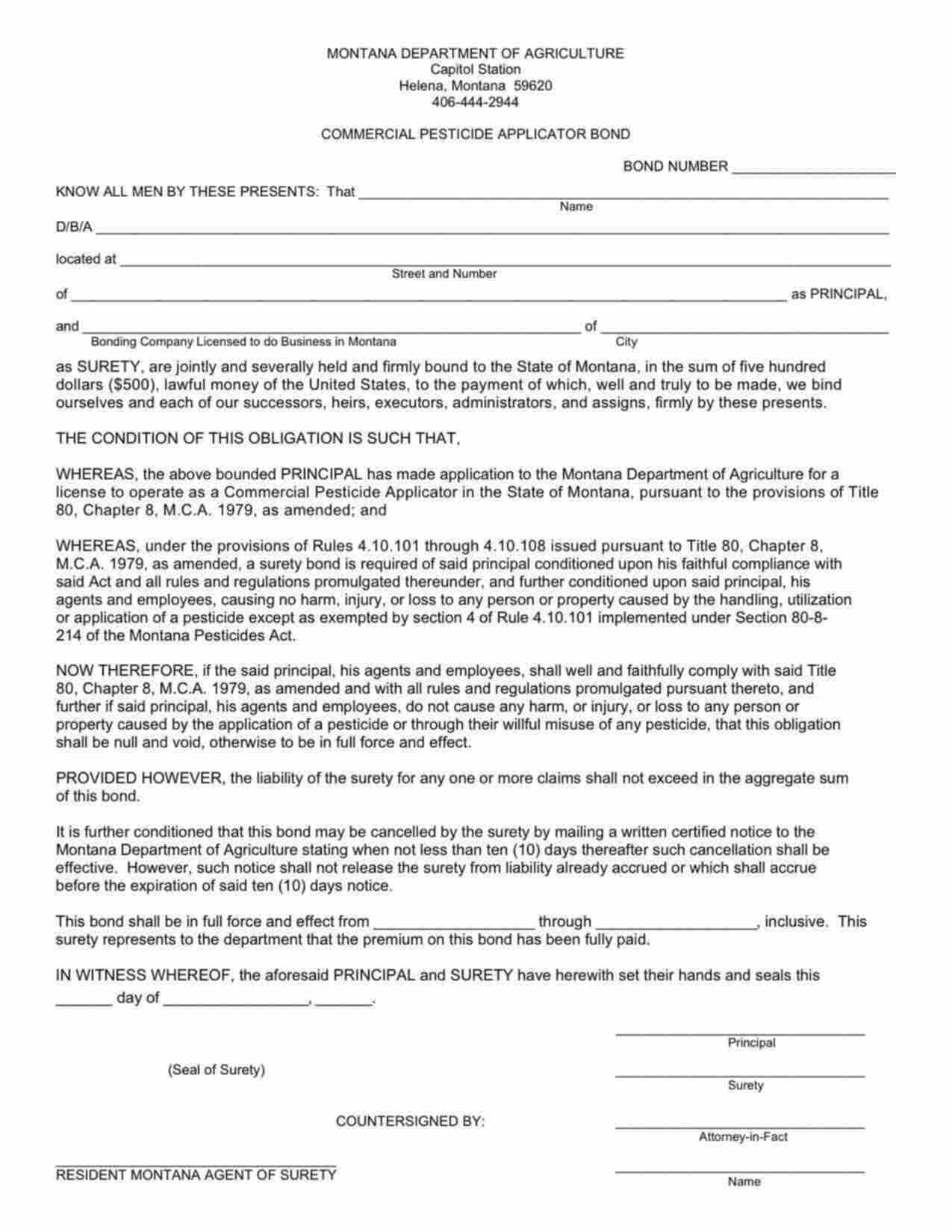 Montana Commercial Pesticide Applicator Bond Form