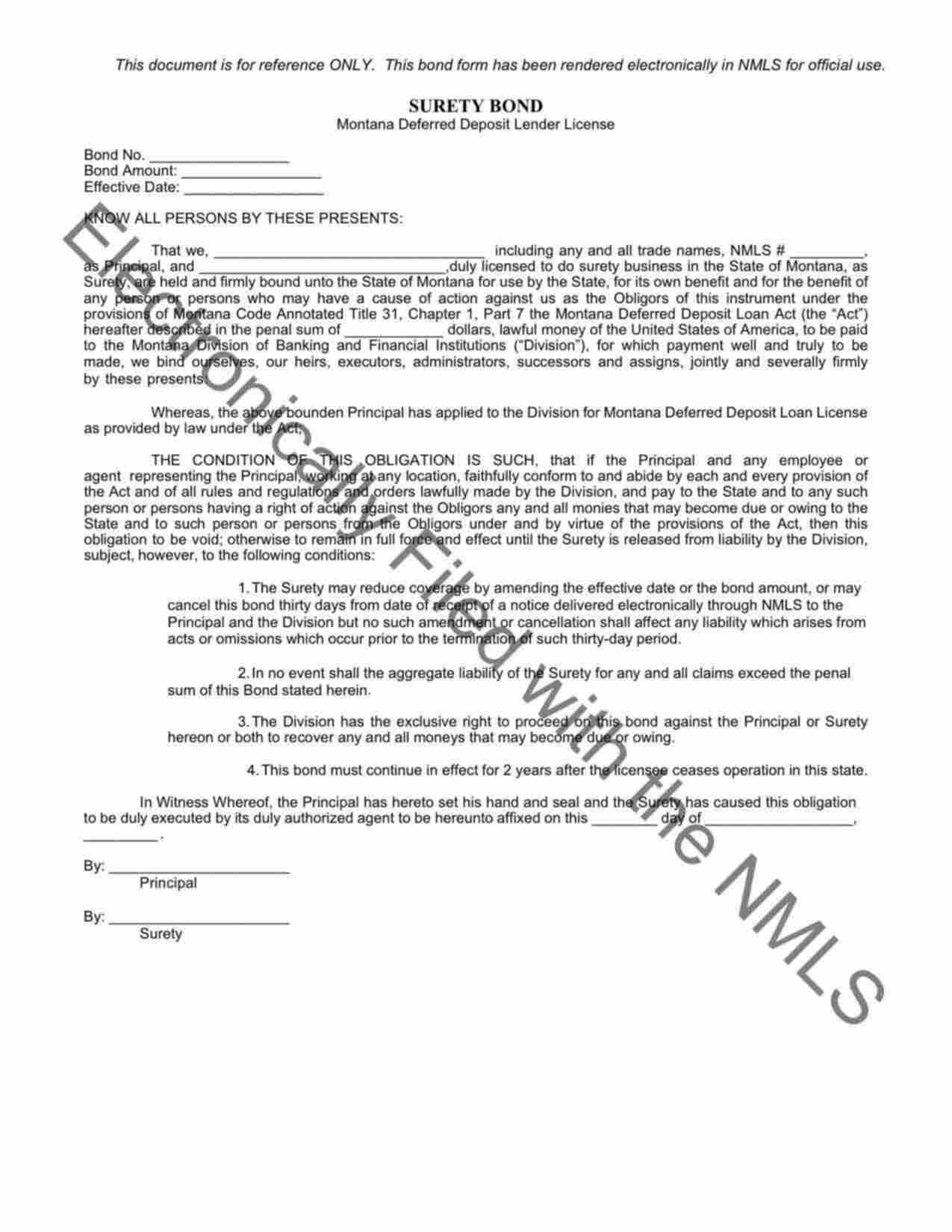 Montana Deferred Deposit Lender License Bond Form