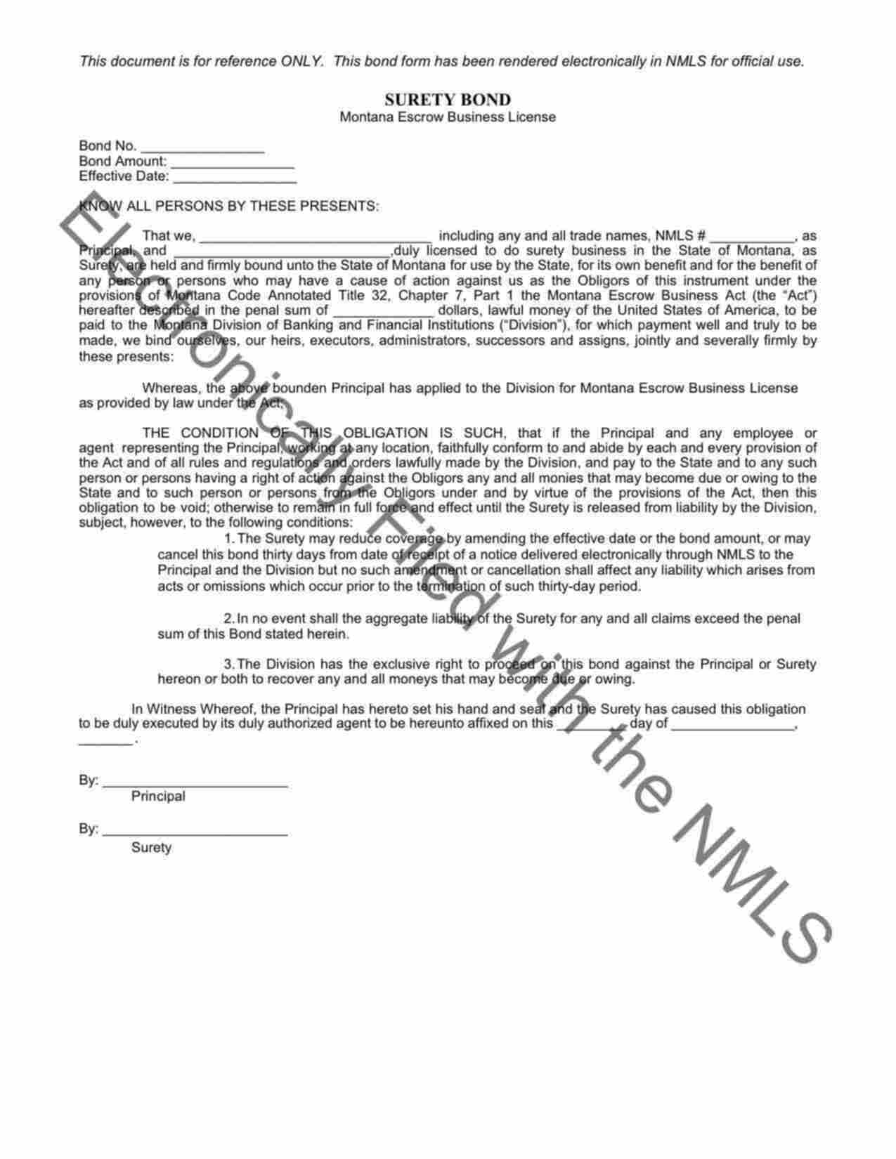 Montana Escrow Business License Bond Form