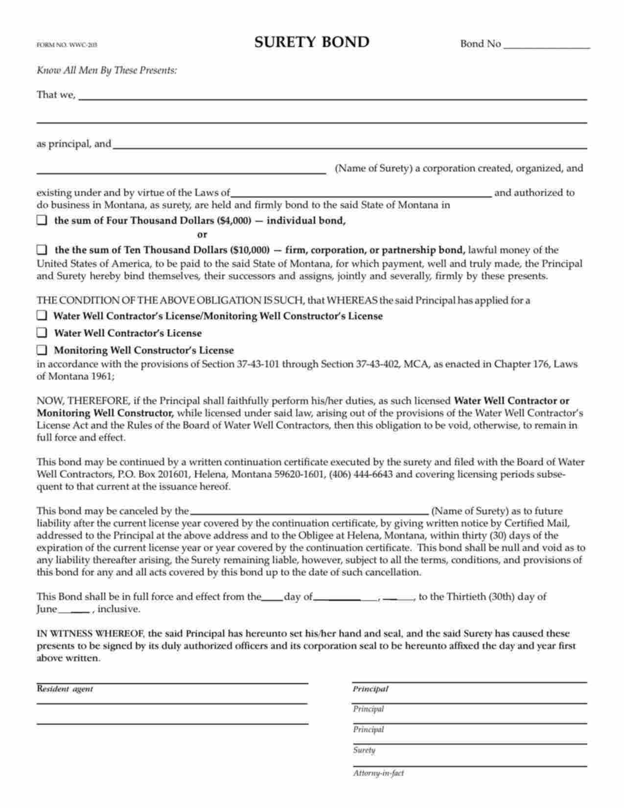 Montana Water Well Contractor's License/Monitoring Well Constructor's License Bond Form