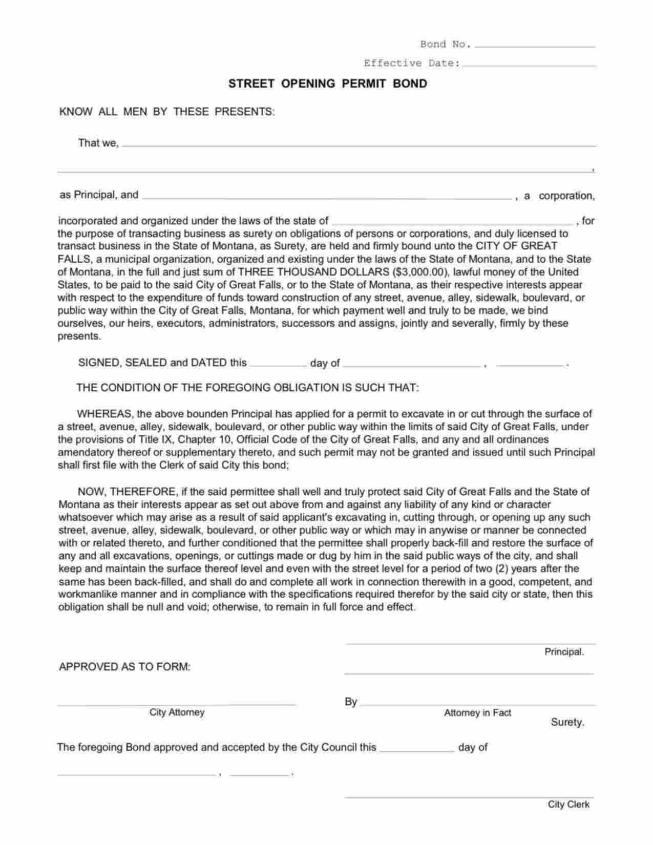 Montana Street Opening Bond Form