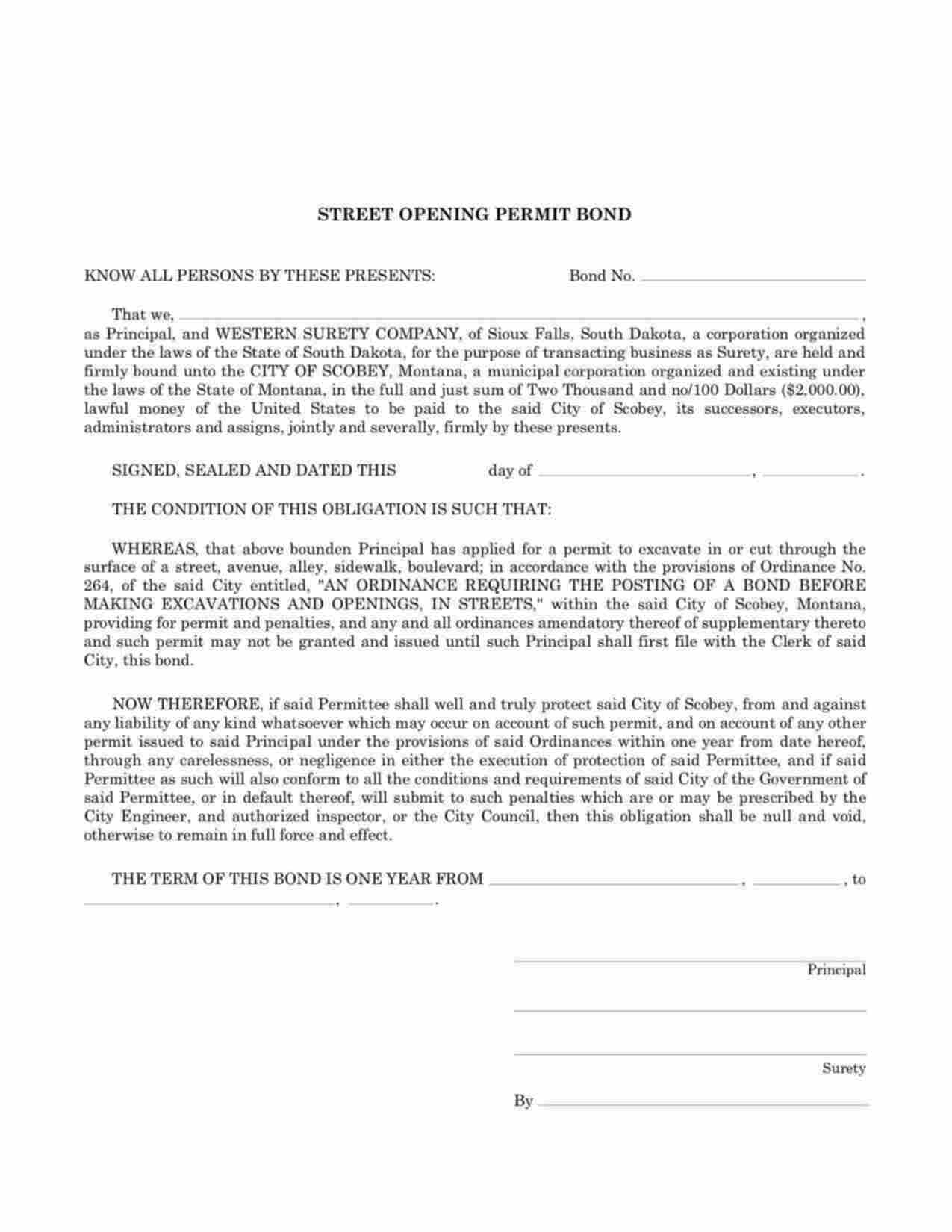 Montana Street Opening Permit Bond Form
