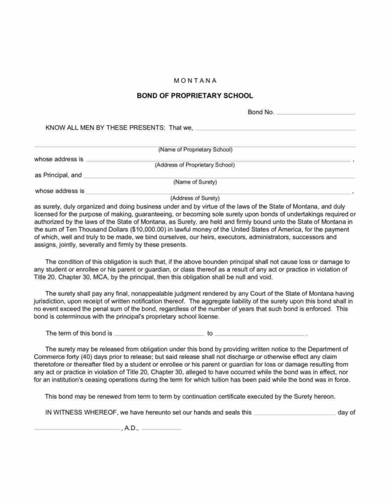 Montana Proprietary School Bond Form