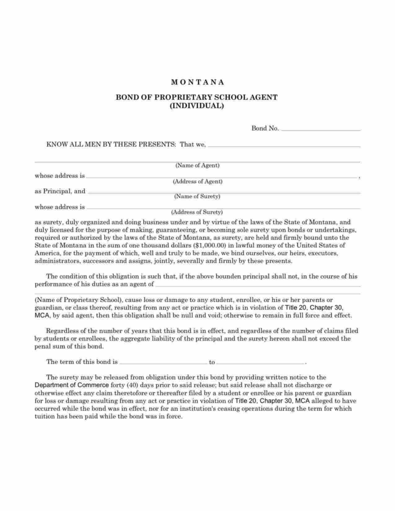 Montana Proprietary School Agent (Individual) Bond Form