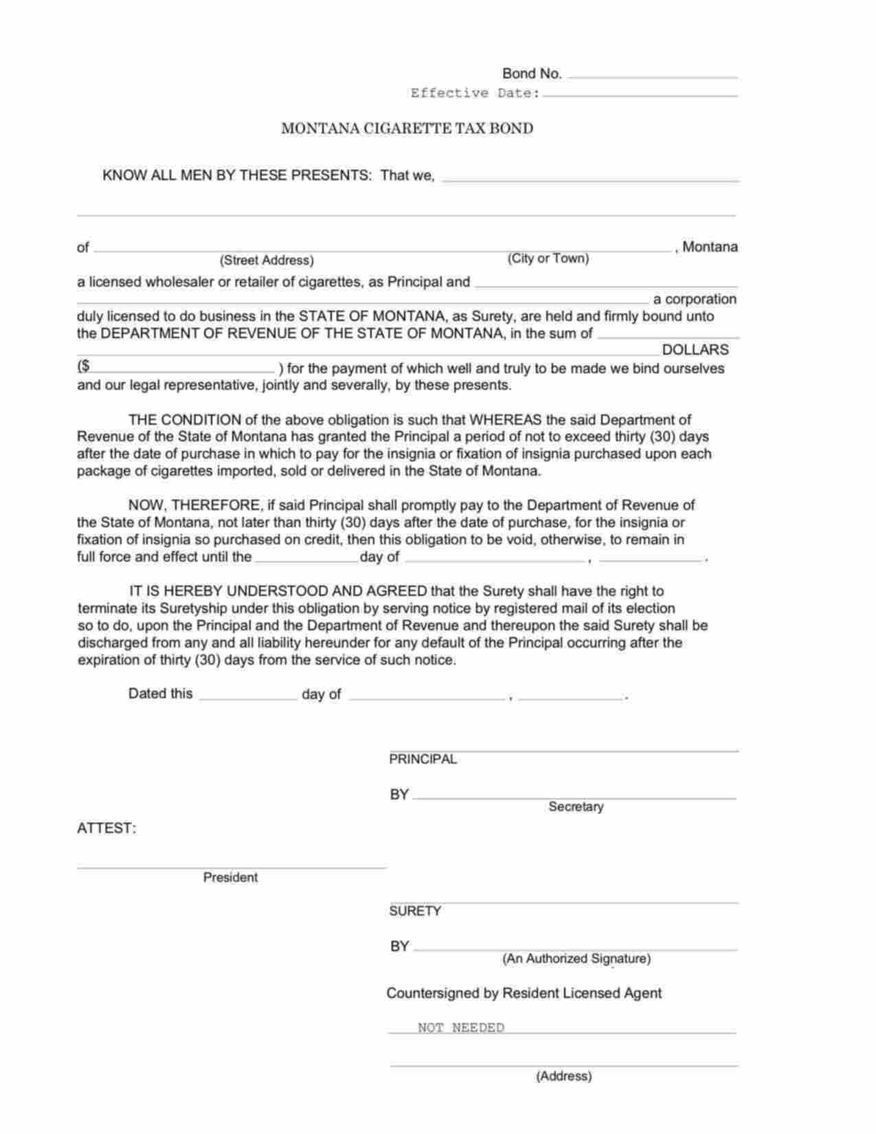 Montana Cigarette Tax Bond Form