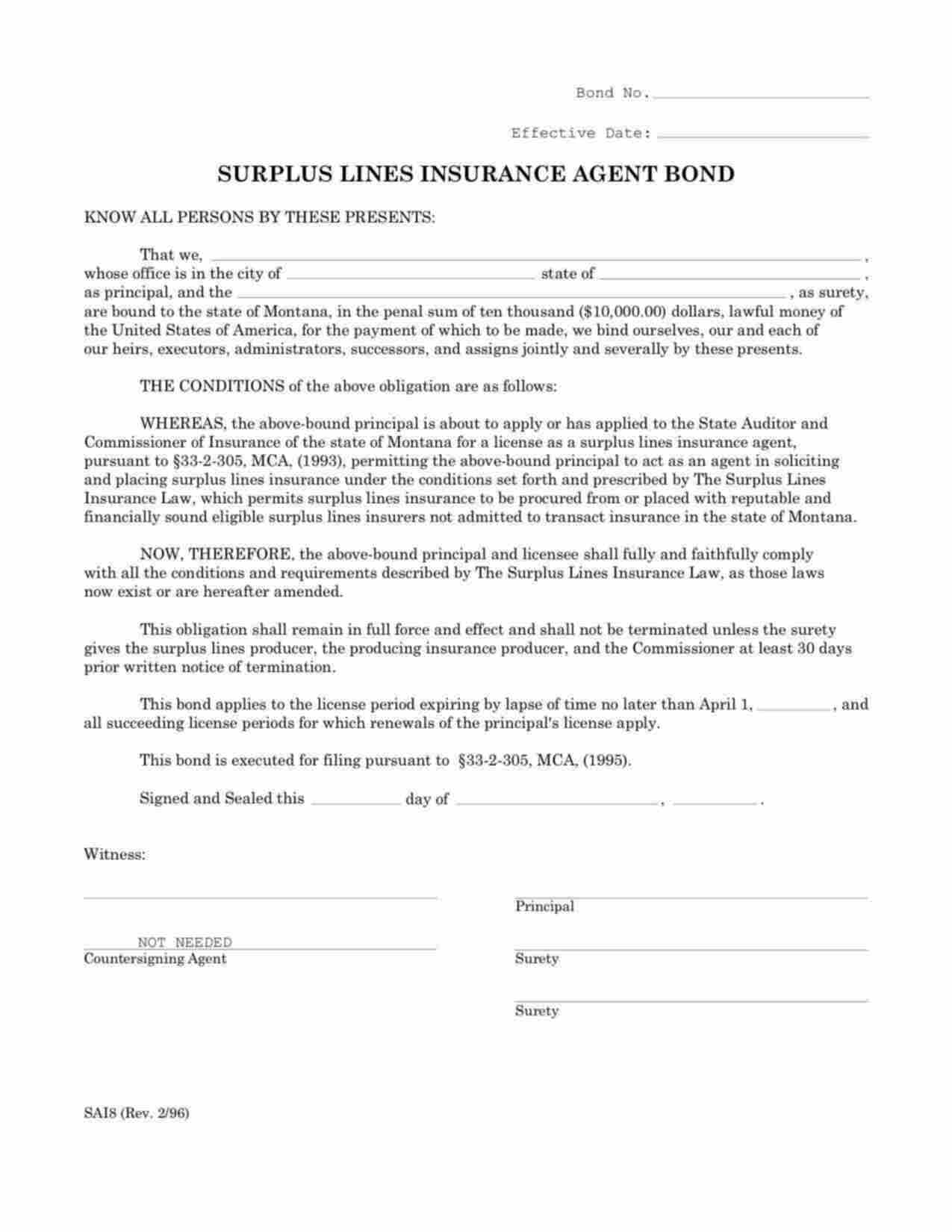 Montana Surplus Lines Broker Bond Form