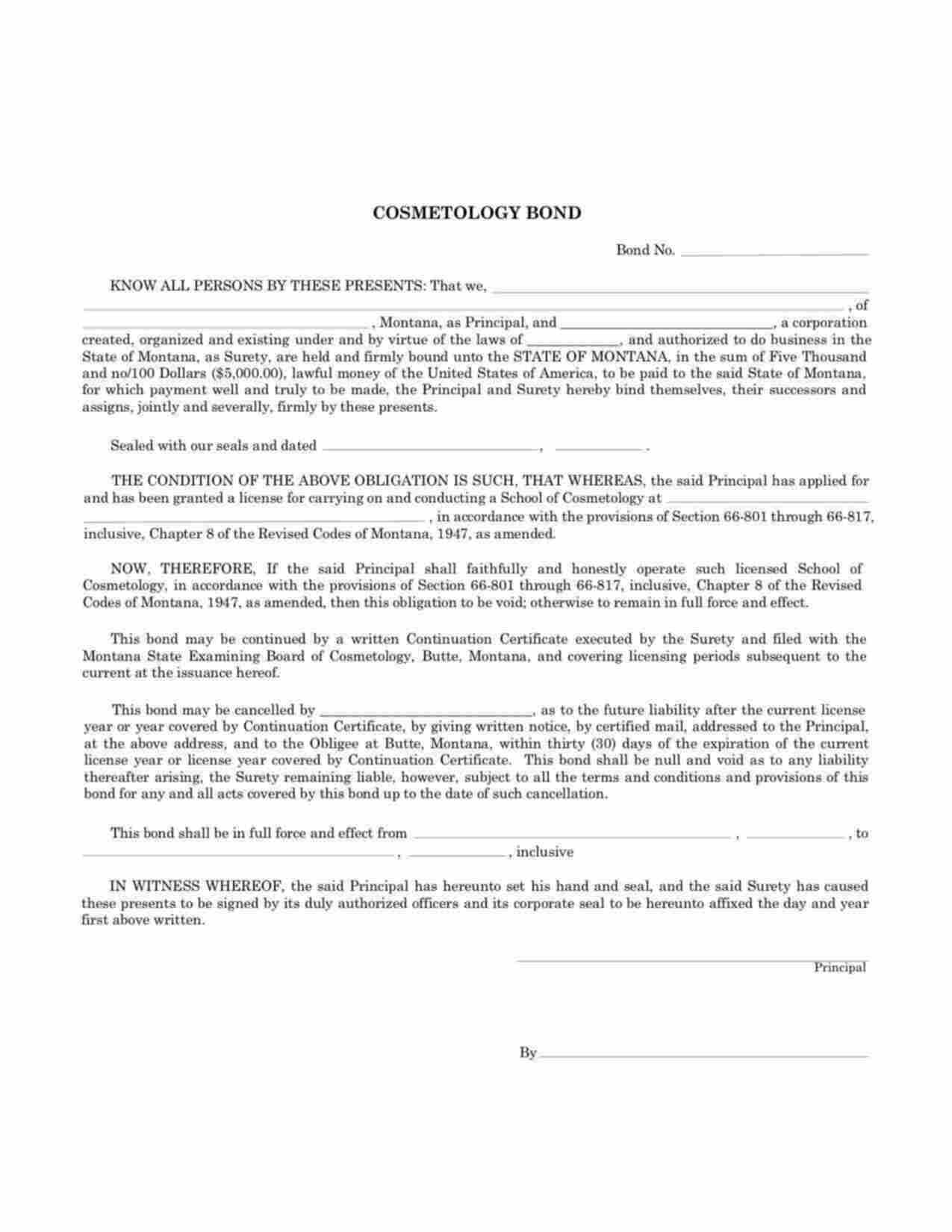 Montana Cosmetology School Bond Form