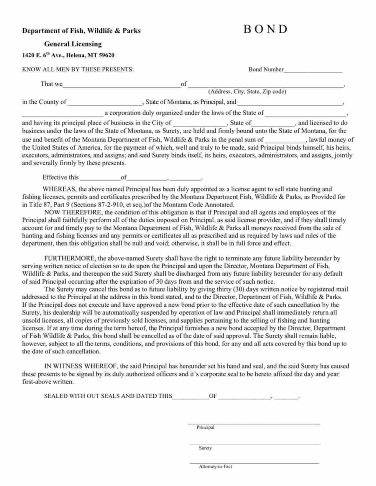 Montana Hunting & Fishing License Agent Bond Form