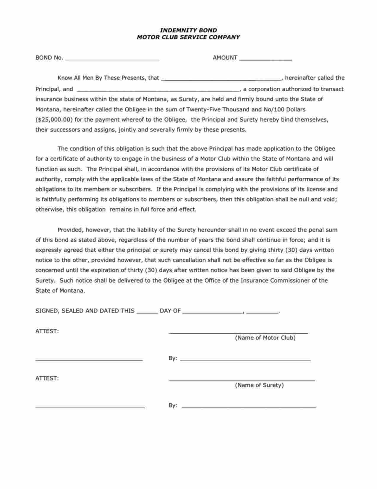 Montana Motor Club Bond Form