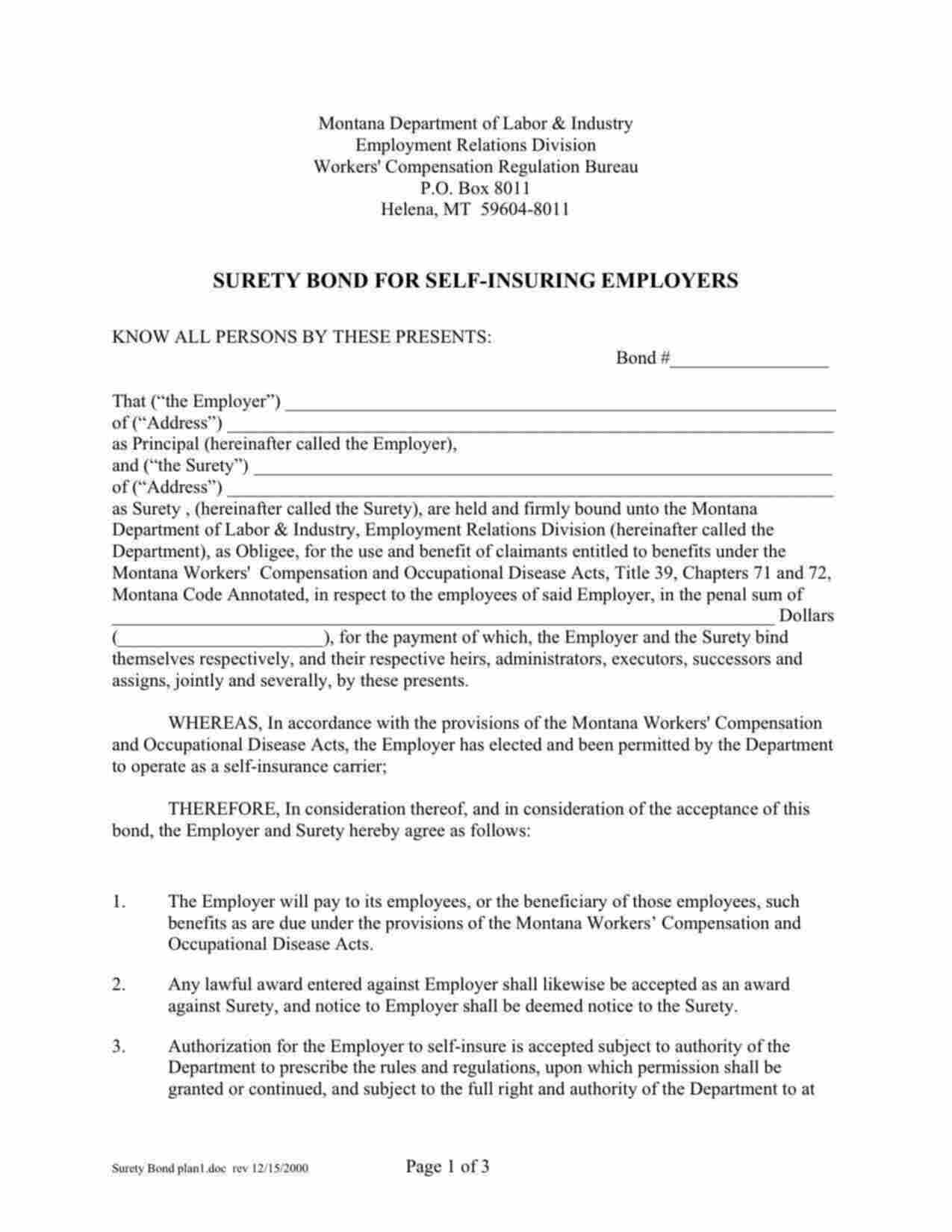 Montana Self-Insuring Employers Workers Compensation Bond Form
