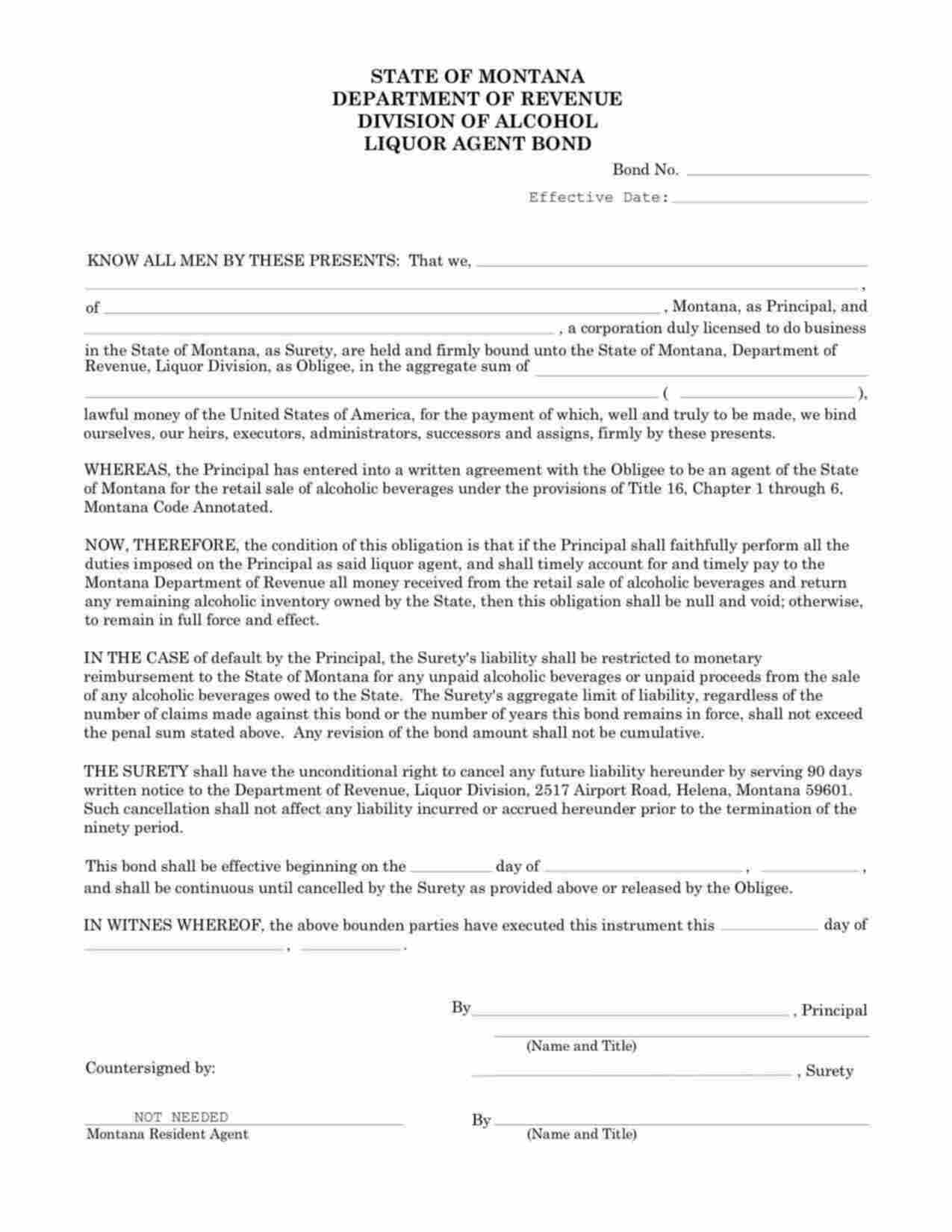 Montana Liquor Agent Bond Form